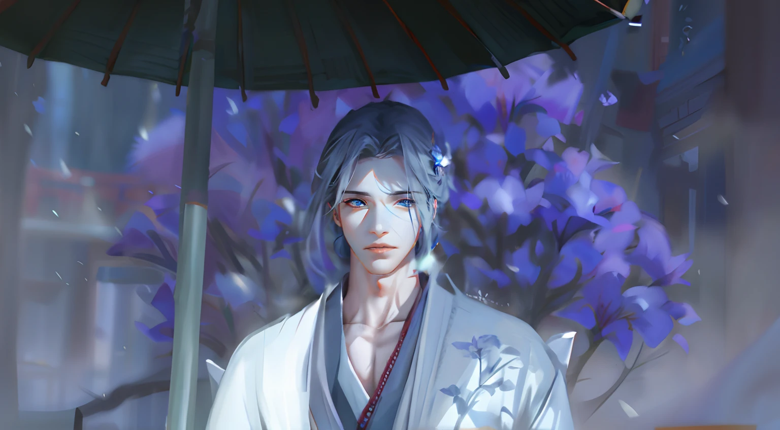 Blue flowers bloom in the left eye