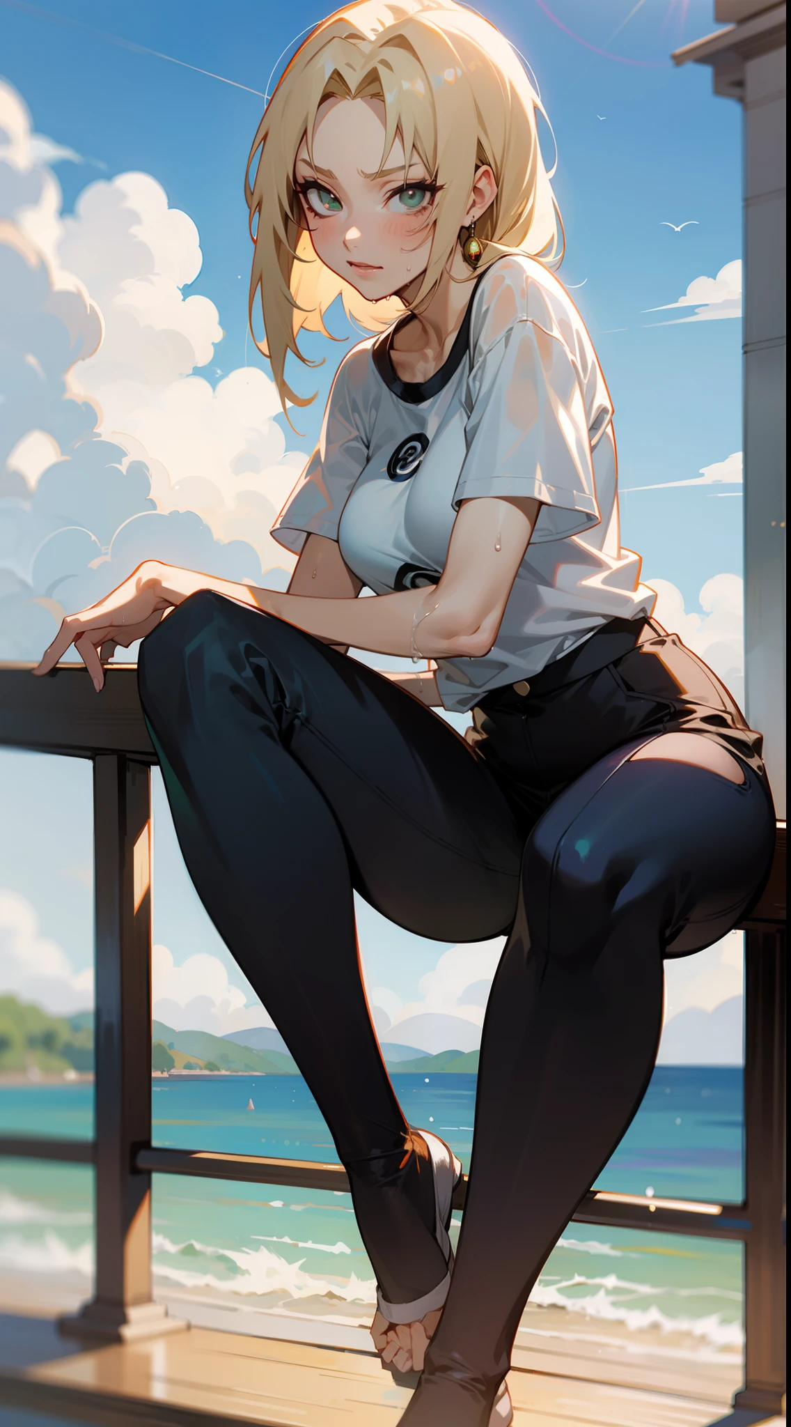 Tsunade aus Naruto,  wet T-Shirt, Sitting on a railing, eine kurze Hose an, blauer Himmel, 8K, Meisterwerk, white t - shirt , thick body