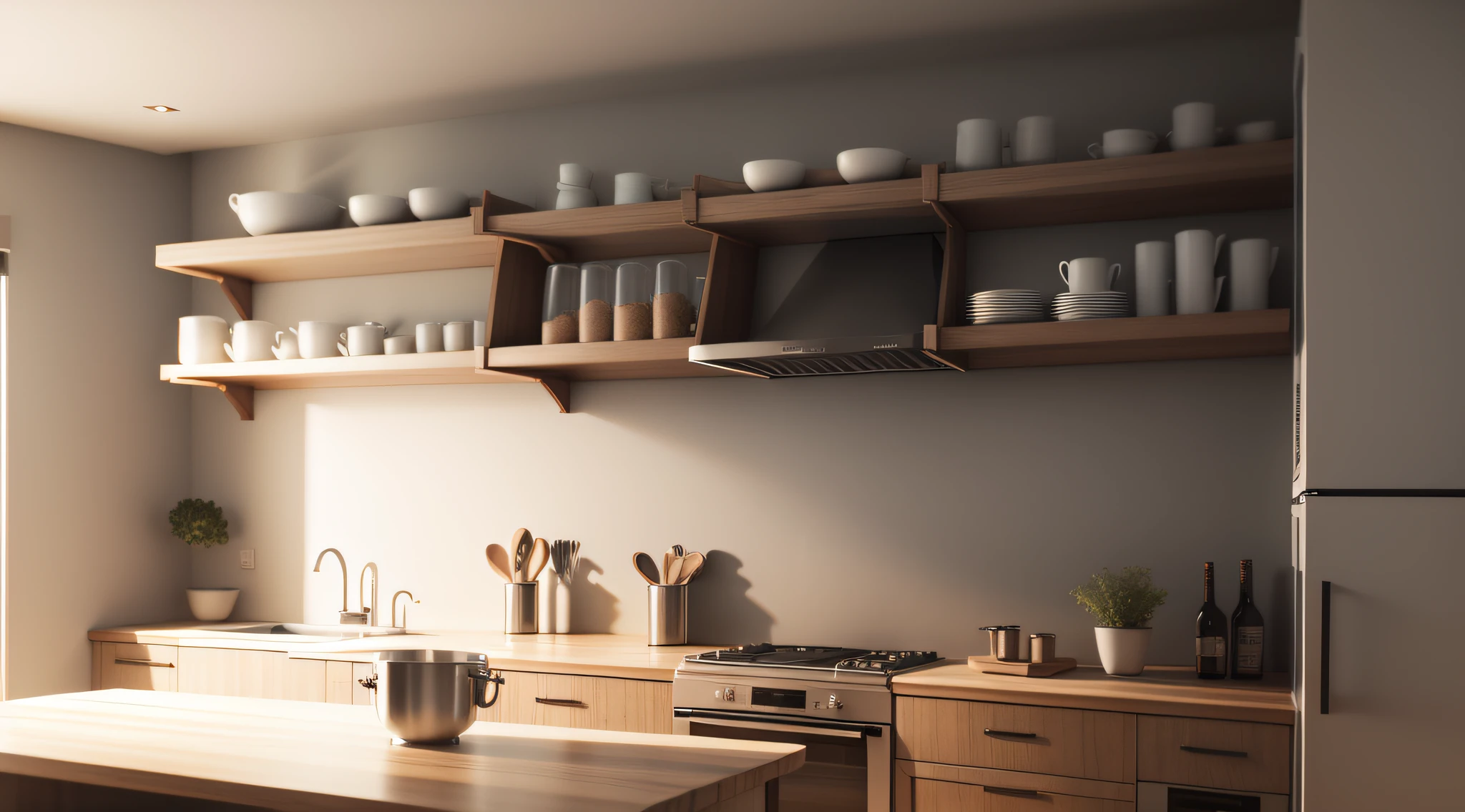 Simple kitchen with several shelves to place plates and glasses,octane render 3D