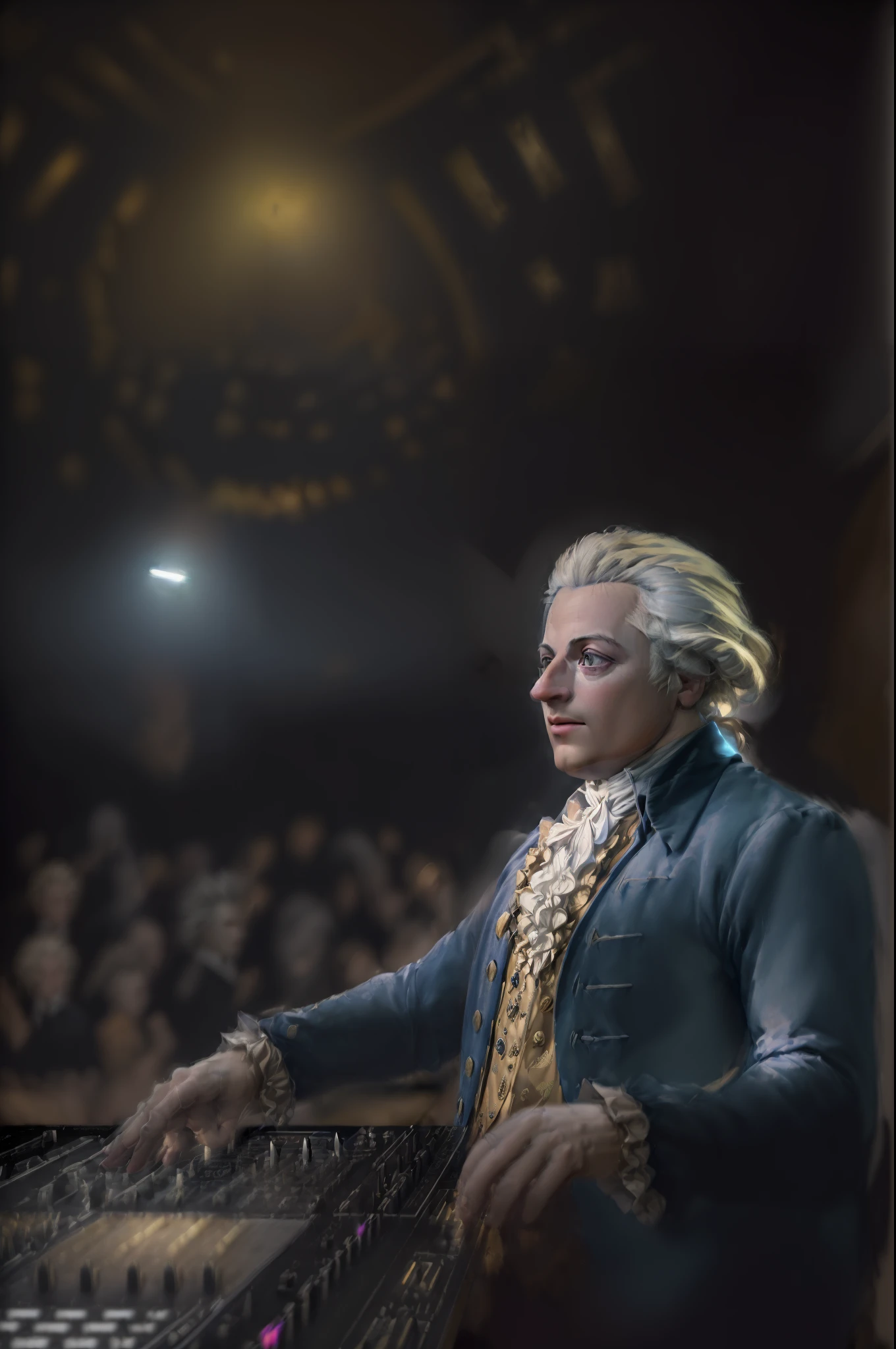 ((((masterpiece, best quality, high resolution)))), Extremely detailed, 8K, (ultra detailed) wallpaper, ultra wide shot, photorealism, a amadeus man, Wolfgang Amadeus Mozart (Masterpiece, ultra detailed, best quality), being DJ in a wide music hall wearing a shirt labeled "Mozart Rock" disco lights