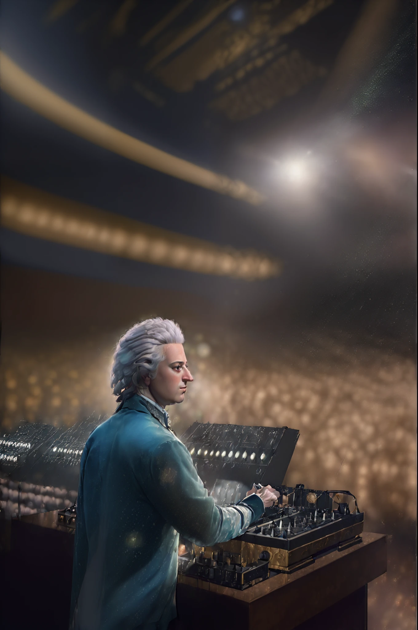 ((((masterpiece, best quality, high resolution)))), Extremely detailed, 8K, (ultra detailed) wallpaper, ultra wide shot, photorealism, a amadeus man, Wolfgang Amadeus Mozart being DJ in a wide music hall, wearing a shirt labeled "Mozart Rock" disco lights light particles