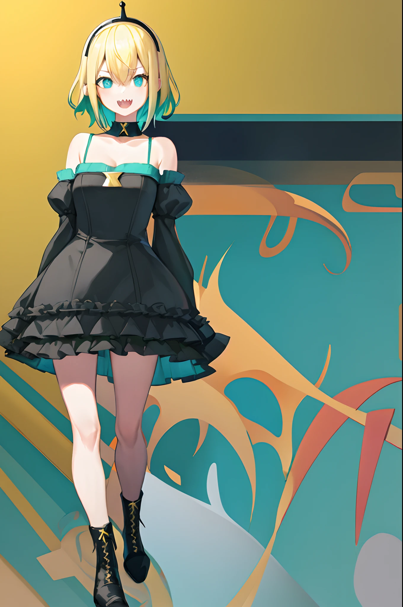 amano pikamee, 1girl, virtual youtuber, solo, sharp teeth, teeth, blonde hair, multicolored hair, hairband,t, two-tone hair, bright pupils, white pupils, breasts, gradient, collarbone, bangs, yellow background, bare shoulders, gradient background, green eyes, black shorts, hair between eyes, green hair, cleavage, short hair, nail polish, aqua nails, wide sleeves,, aqua hair, aqua eyes, spaghetti strap,/upscale Highly detailed, High Quality, Masterpiece, beautiful, lolita fashion, lolita hairband, detached collar, black wings, black dress, juliet sleeves, frills, cross, cross-laced dress, knee boots, pantyhose, full body