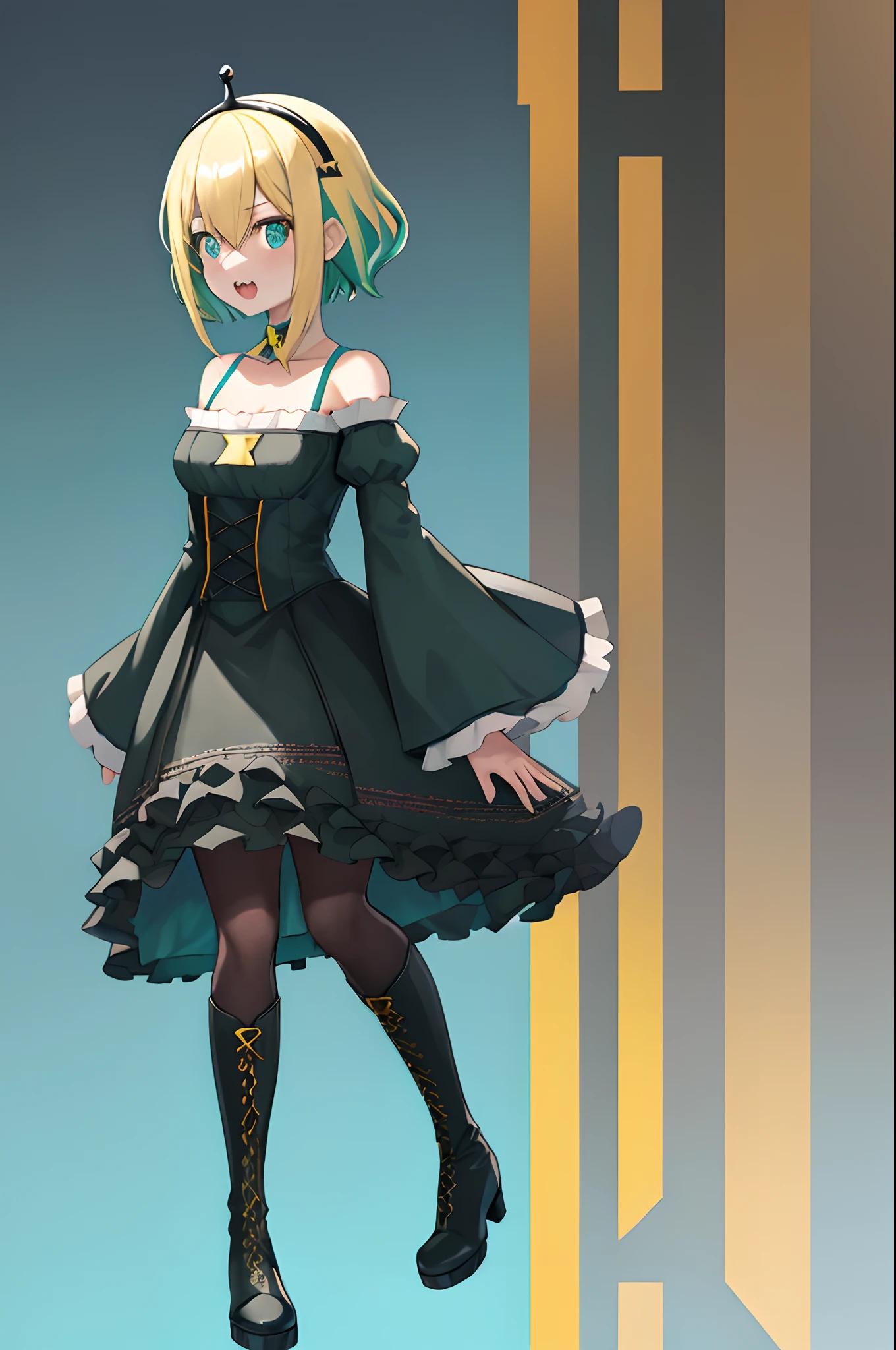 amano pikamee, 1girl, virtual youtuber, solo, sharp teeth, teeth, blonde hair, multicolored hair, hairband,t, two-tone hair, bright pupils, white pupils, breasts, gradient, collarbone, bangs, yellow background, bare shoulders, gradient background, green eyes, black shorts, hair between eyes, green hair, cleavage, short hair, nail polish, aqua nails, wide sleeves,, aqua hair, aqua eyes, spaghetti strap,/upscale Highly detailed, High Quality, Masterpiece, beautiful, ****ta fashion, ****ta hairband, detached collar, black wings, black dress, juliet sleeves, frills, cross, cross-laced dress, knee boots, pantyhose, full body, walking