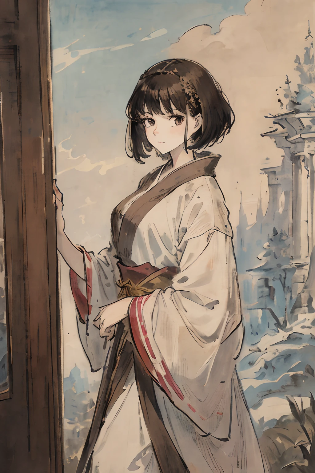 tmasterpiece,Need,The best beautiful girl,Extremely beautiful,World Masterpiece Theatre,super-fine,Need,Need,brunette color hair,short detailed hair,robe,Tall and tall,A high resolution,Need,1girl,Need,illustratio,looking at viewert, impasto, canvas, oil painted, realistic, realist,real,