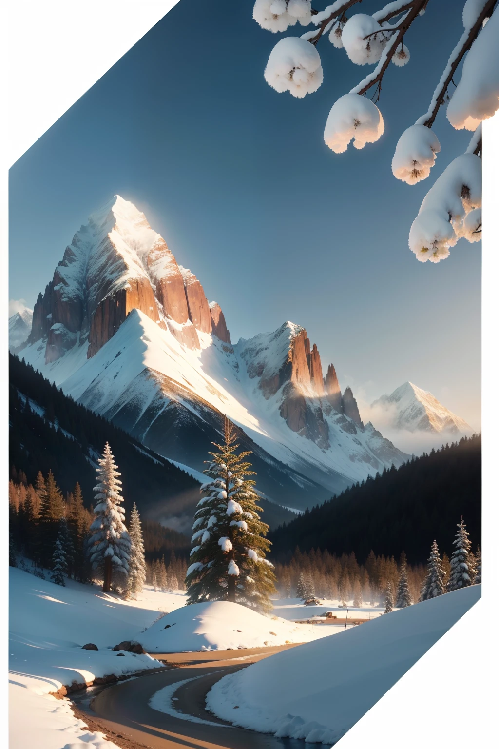 A close-up of a sequoia branch, In the background are mountains with snow caps on the peaks, The sun is shining, white clouds in the sky, Photorealistic, super detailed, 9:16, 4K bokeh elements in the frame