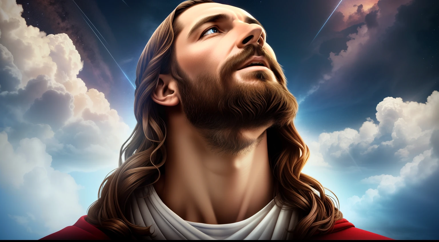 Award-winning realistic photo of Jesus Christ (looking up at the sky:1.3), expression conveying a sense of satisfaction and victory, hyper detailed 4k