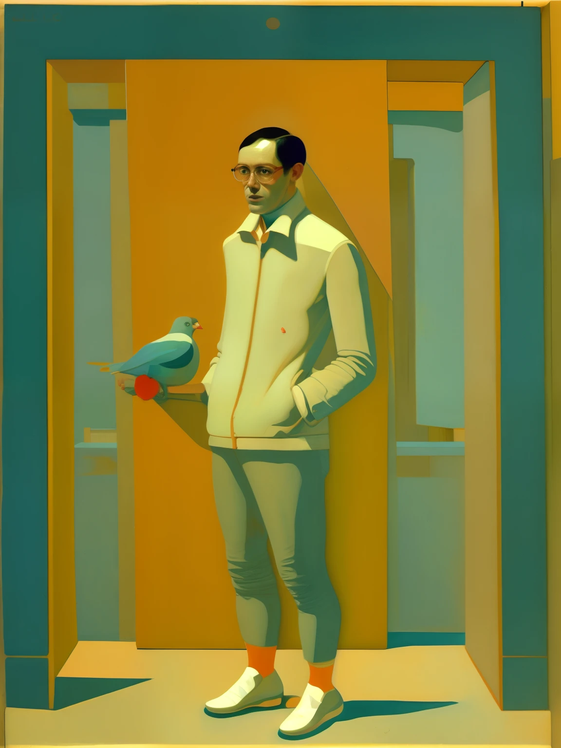 Euan Uglo (Euan Uglow) of paintings，A man holds a rose，There is a pigeon inside