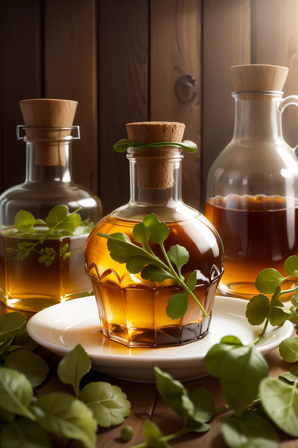 Pharmacy bottles with syrup and watercress leaves
