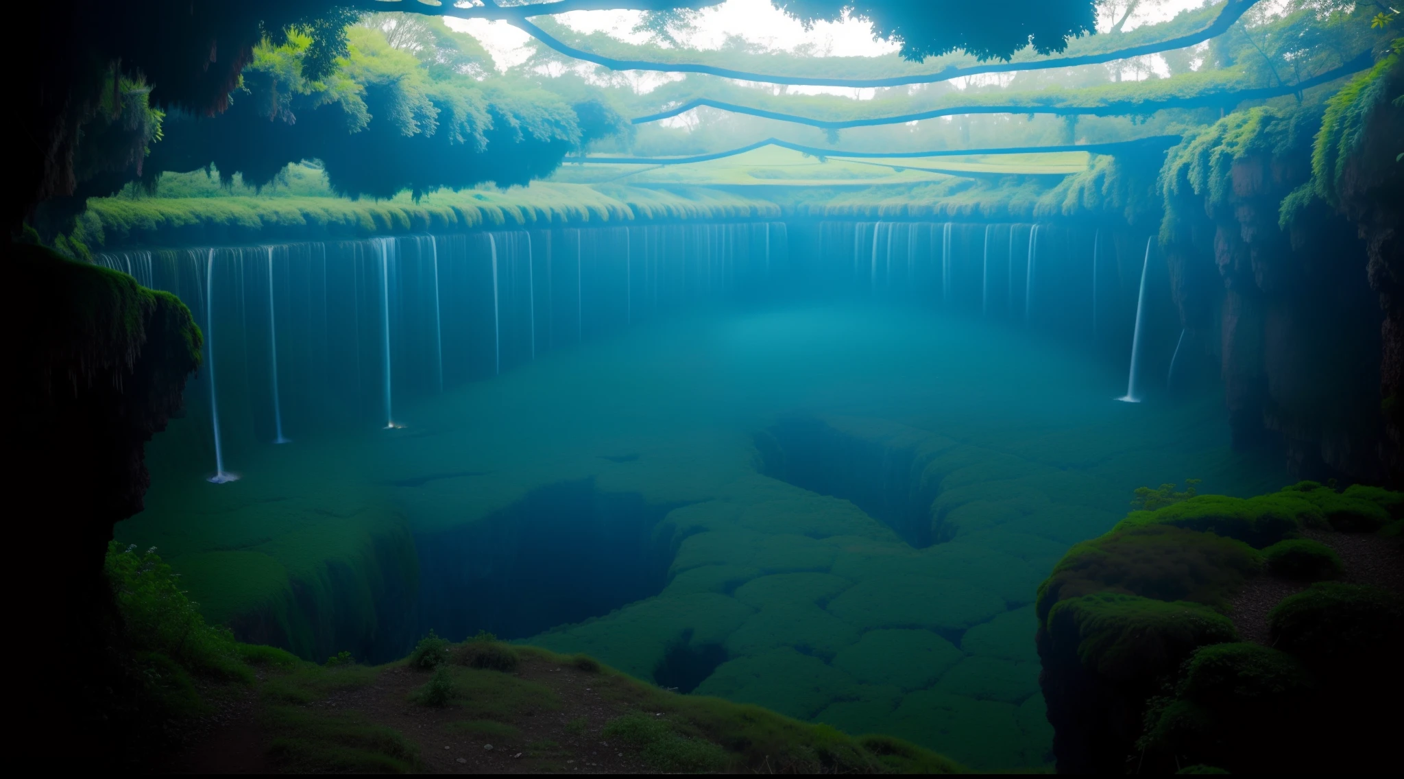 imagem de uma paisagem misteriosa e intrigante, como uma floresta densa ou uma caverna escura