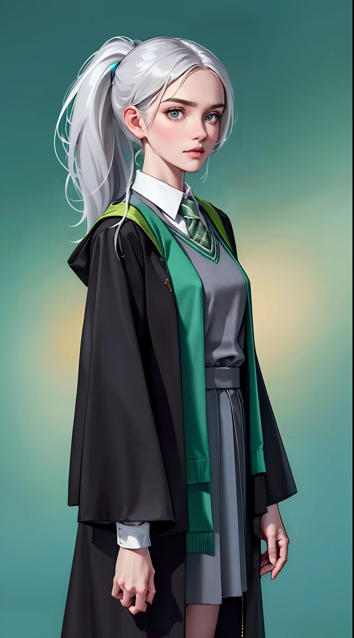 (hight resolution, Best Quality:1.2), brilliance, soft contour, a beautiful painting, Cowboy Shot, (masutepiece), 1girl in, Beautiful Girl, Hogwarts Background, Background of the magical world, hogwarts school uniform, hogsks, Slytherin, Gray hair in a ponytail, Light blue eyes, Angry look, School Dress, Long skirt, Green tie, cool lady