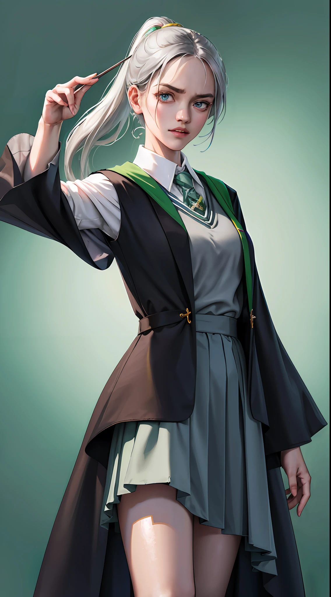 (hight resolution, Best Quality:1.2), brilliance, soft contour, a beautiful painting, Cowboy Shot, (masutepiece), 1girl in, Beautiful Girl, Hogwarts Background, Background of the magical world, hogwarts school uniform, hogsks, Slytherin, Gray hair in a ponytail, Light blue eyes, Angry look, School Dress, Long skirt, Green tie, cool lady