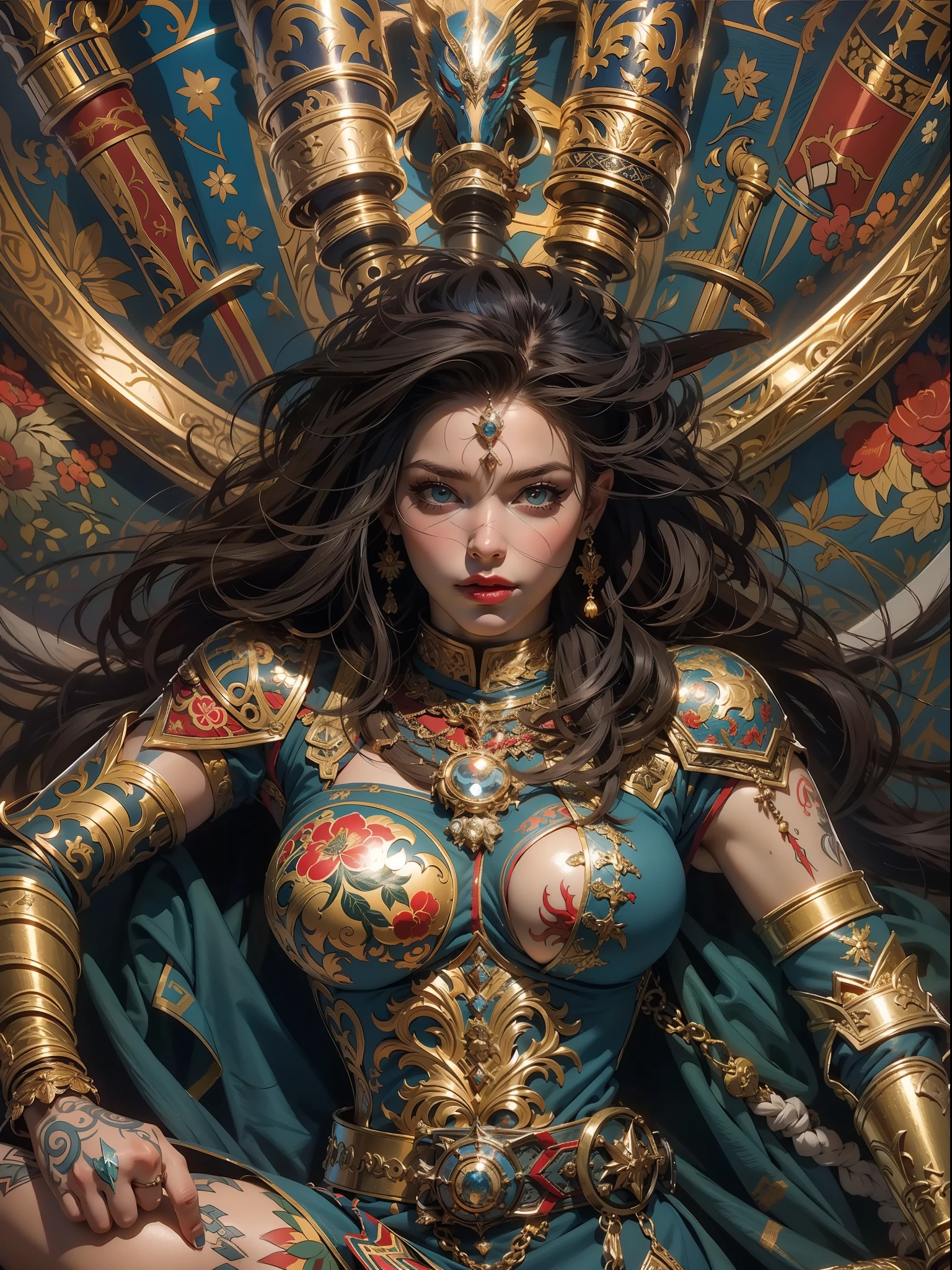 (((mulher))), (((melhor qualidade))), (((obra prima))), (((adulto))), Uma guerreira mulher de 35 anos com corpo perfeito, Gladiadores do Brooklyn, (( sob os peitos )), quase nua no estilo selvagem urbano de Simon Bisley para a capa da revista Heavy Metal, cabelo loiro, Minimum clothing, Dark blue with lightning gold and red and gold pattern, armadura, cheio de pontas e rebites, tatuagem tribal, (((do joelho pra cima))), cabelo branco