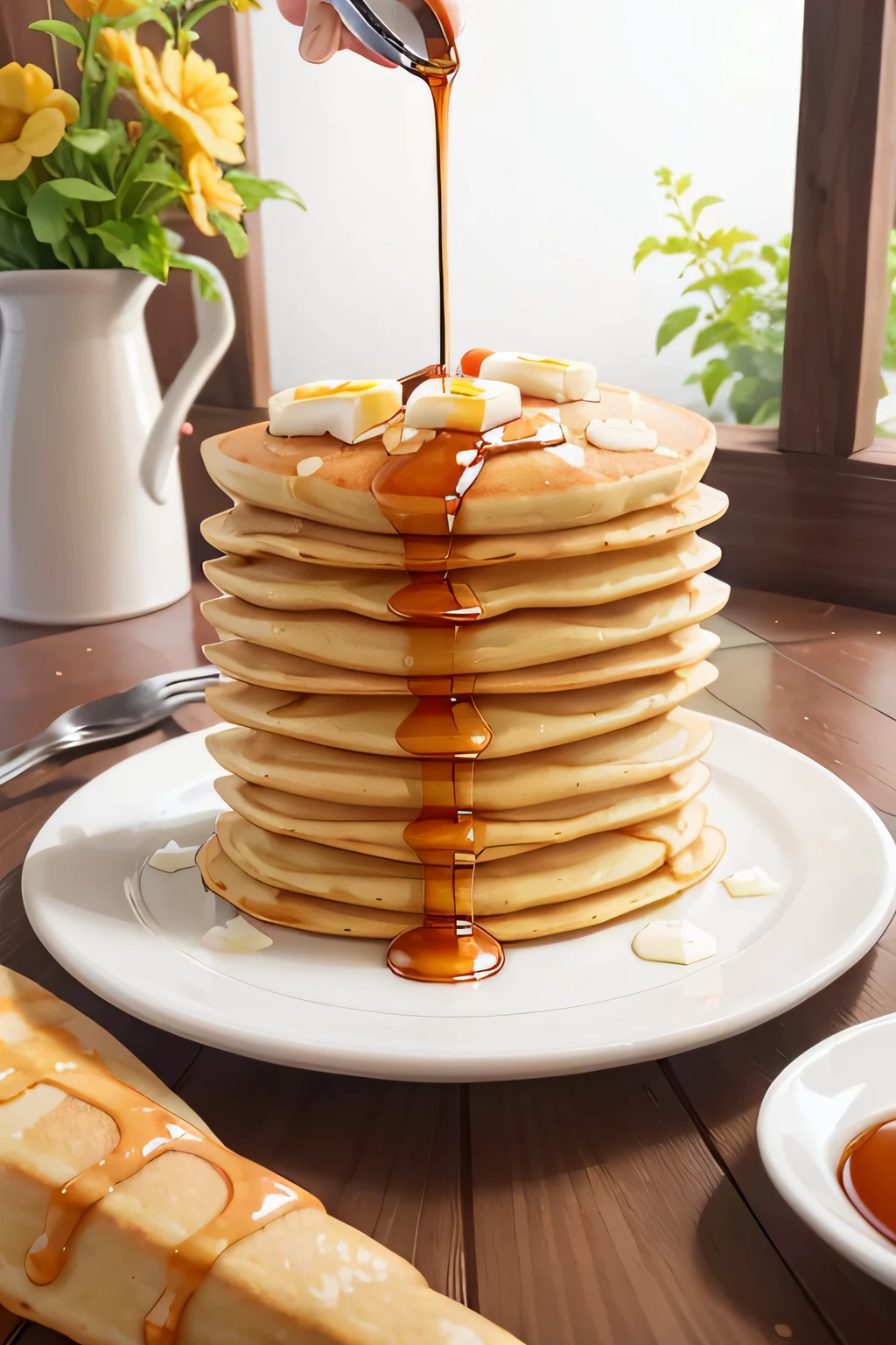 masterpiece, high quality, best quality, pancakes poured with maple syrup, (thin pancakes), foodphoto,