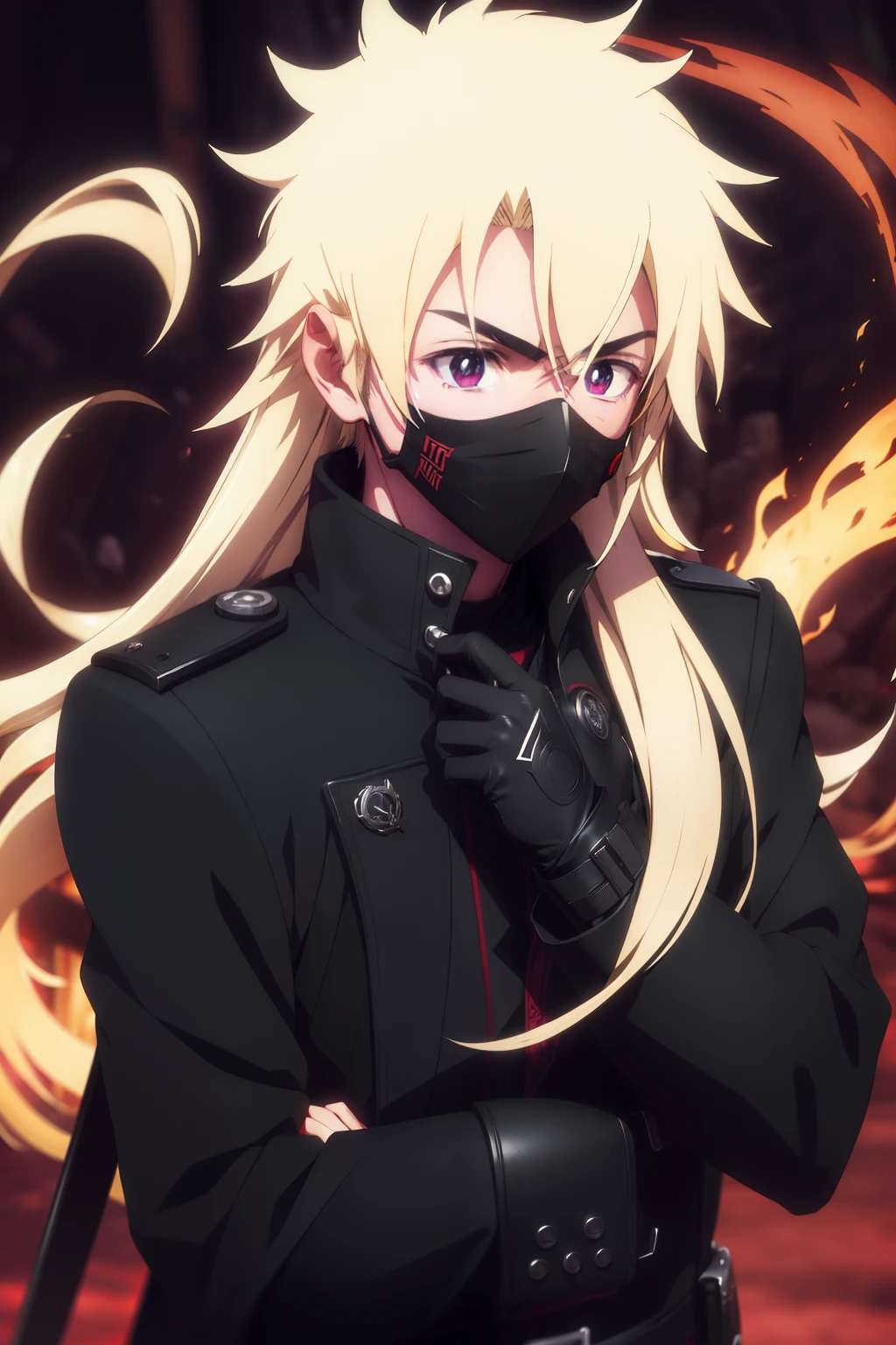 anime boy, blonde long hair, red fire eyes, black overcoat, black gloves, black mask