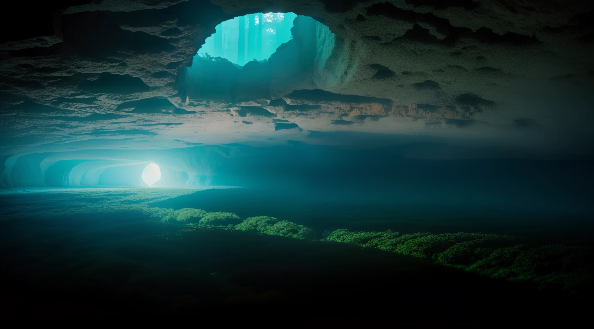 imagem de uma paisagem misteriosa e intrigante, como uma floresta densa ou uma caverna escura