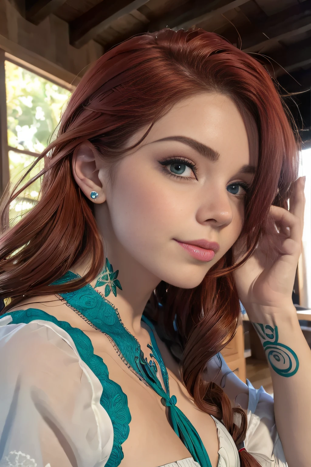 absurdres, foto RAW, mais alta qualidade, (obra-prima: 1.3), foto de cor RAW de alto detalhe, foto profissional, unidade de papel de parede CG 8k extremamente detalhada, foto-realista, realista, foto RAW, obra-prima, melhor qualidade, highres, illustration, 1girl, 16 ANOS, baixinha, tiny girl, magra, branca, ruiva, cabelo vermelho, cabelo ruivo com cachos, cabelo ondulado, curly hair, Average length, cabelo preso, pernas finas, rosto lindo perfeito com sardas, cardune lips, belos olhos realistas, olho direito verde, olho esquerdo azul, heterocromia, pale skin, textura de pele detalhada, seios planos, muito pequenos, bunda pequena. Rosas vermelhas tatuadas nos ombros, tattoos of pagan symbols on the forearms and hands. Corpo magro, esguio. Ruiva. Sorriso. Estilo bruxa. Pagan style, Celtic, wiccan. Escocesa. She looks amazing. (Vestido medieval azul com bordados, corset branco com bordados, colar com pingente de pentagrama, design detalhado), casa, noite.