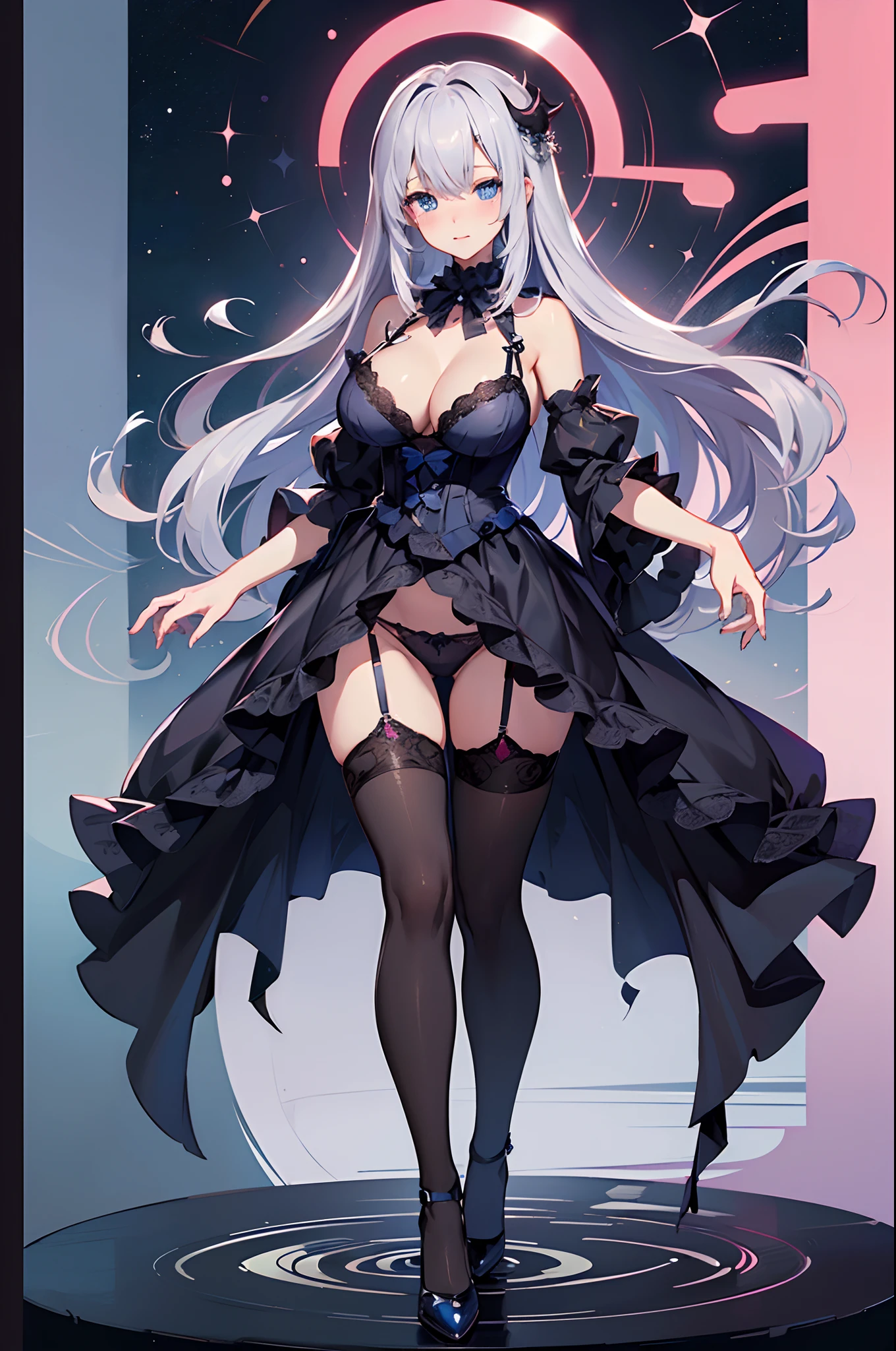 (((Top image quality)))、animesque、silber hair、blue eyess、Full body black tights、((Large breasts、Seductive udder))、an lingerie、lifelike face、Well-formed face、Sharp face lines、Inviting eyes、Blushing cheeks
