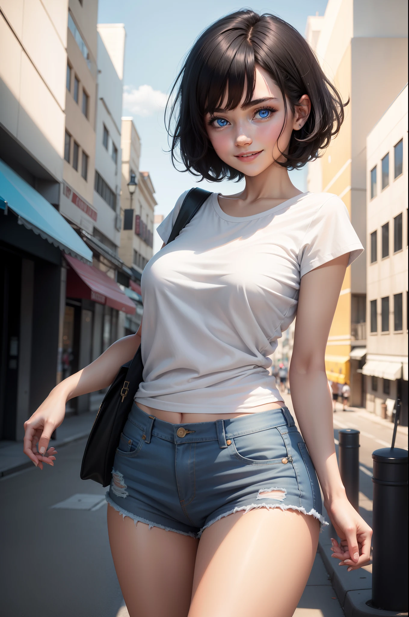 1girl, short black hair, blue eyes, smiling, wearing plain white shirt, denim shorts, city, absurdres, high res, ultrasharp, 8K, masterpiece, looking at viewer, future city