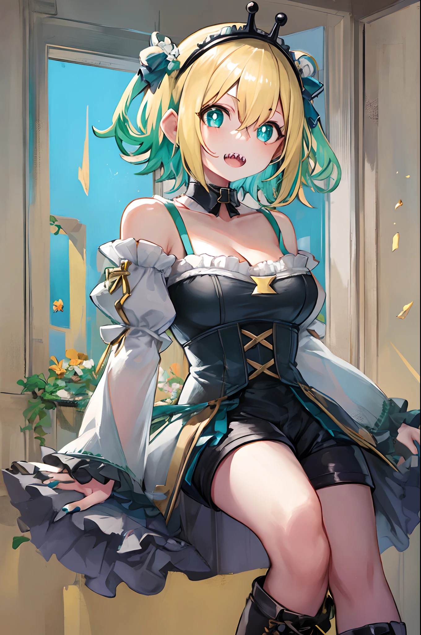  girl,Colossal tits,Smile with open mouth,short green hair,Princess,corsets,Detached sleeves,Tiara on the head,Pink eyes,Top image quality,Best Quality