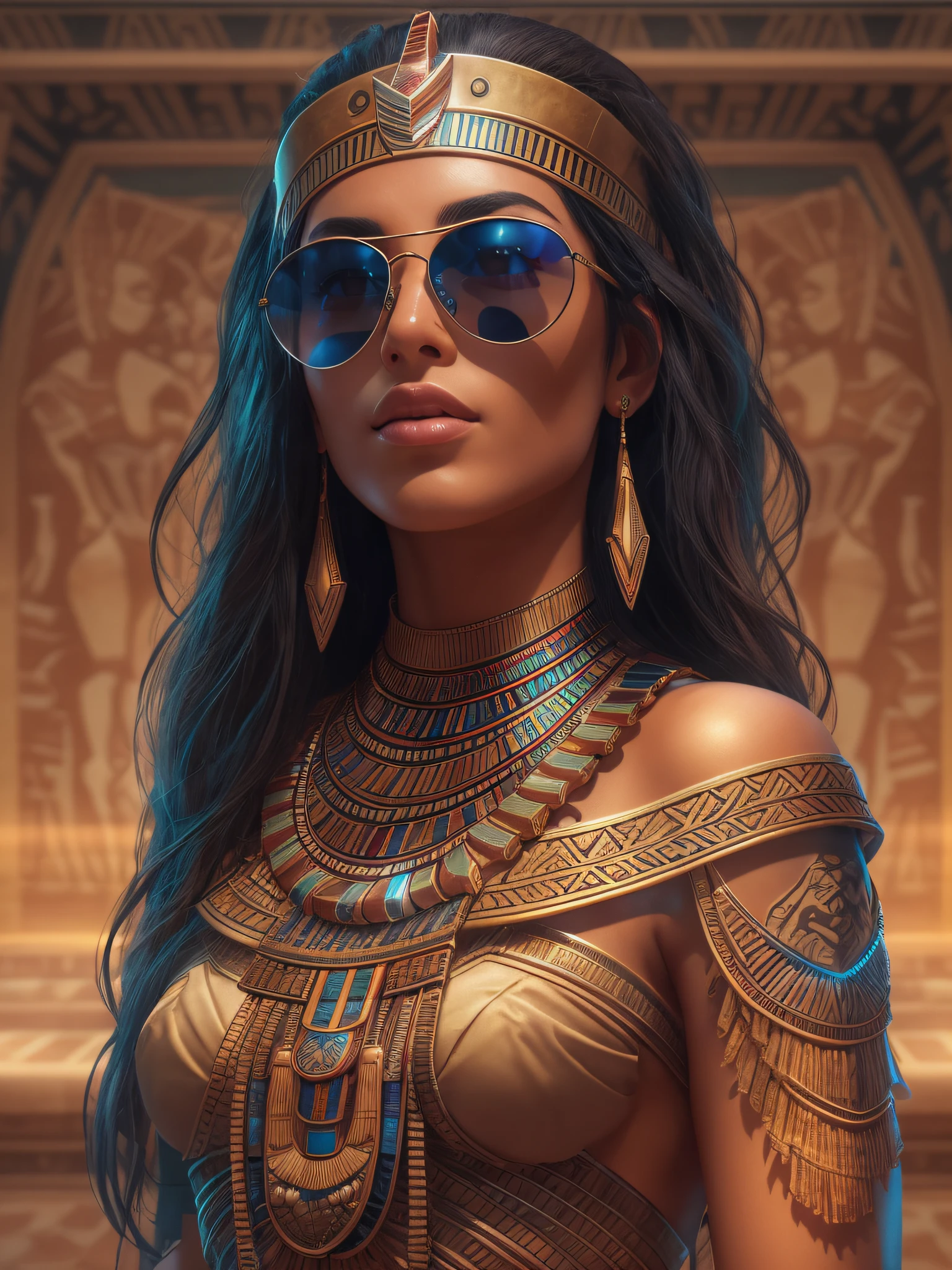A very realistic and very detailed picture of a beautiful Egyptian Pharaonic woman wearing sunglasses in the city of the future pharaoh , full-body, The costume inscribed with the paintings of the pharaonic shield, long hair, Hand and body tattoos, Fashion pose, Beautiful hazel eyes symmetrical detailed, detailed gorgeous face, Typical arthropod object, Perfect feet , Advanced Pharaonic Environment , Integrating the Pharaonic civilization with future technology , outstanding detail, 30 MP, 4k, كاميرا كانون EOS 5D Mark IV الرقمية SLR, 85mm lens, sharp focus, intricately detailed, Long exposure time, f/8, ISO 100, shutter speed 1/125, Diffused backlight, award winning photograph, facing camera, looking into the camera, Monovision, Perfect contrast, high sharpness, facial symmetry, Depth-of-field, ultra-detailed photography, Raitsar, global illumination, Tanvertamim, downy, Ultra-High Definition, 8k, unreal engine 5, Ultra-sharp focus, award-winning photograph, trending on Artstation