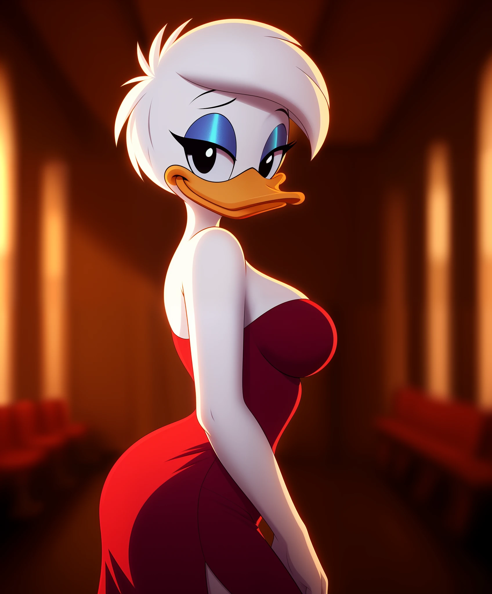 female daisy duck, detailed background, dance hall, eyeshadow, pinup,

wear red dress, from side, sexy pose, alluring,

simple black eyes, detailed, intricate, furry,

8k hd, highest quality, (detailed white fur:1.3) (soft cinematic light:1.1),(adobe lightroom:1.2), photolab, hdr, (depth of field:1.2)