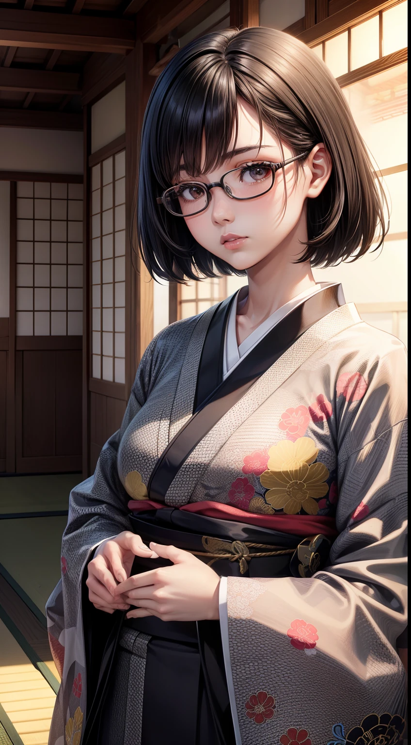 1girl, beautiful girl, wearing eyeglasses, brown skin, small mole on her right cheek, full body, Body Length 150 cm, 20 years old, brown skin girl, .(short black hair, Street hairstyle) , (black eyes), realistic eyes, beautiful and big eyes), kimono dress, kimono clothes, Small breasts, (8k wallpaper), (Traditional Japanese house wallpaper) 8k, high quilty, realistic, beautiful realistic, Cool details, raw photo, realistic clothing, short hair, black hair, realistic hair, Light and cool lighting, photo realistic, Cel shaded, Gel lighting, ultra details