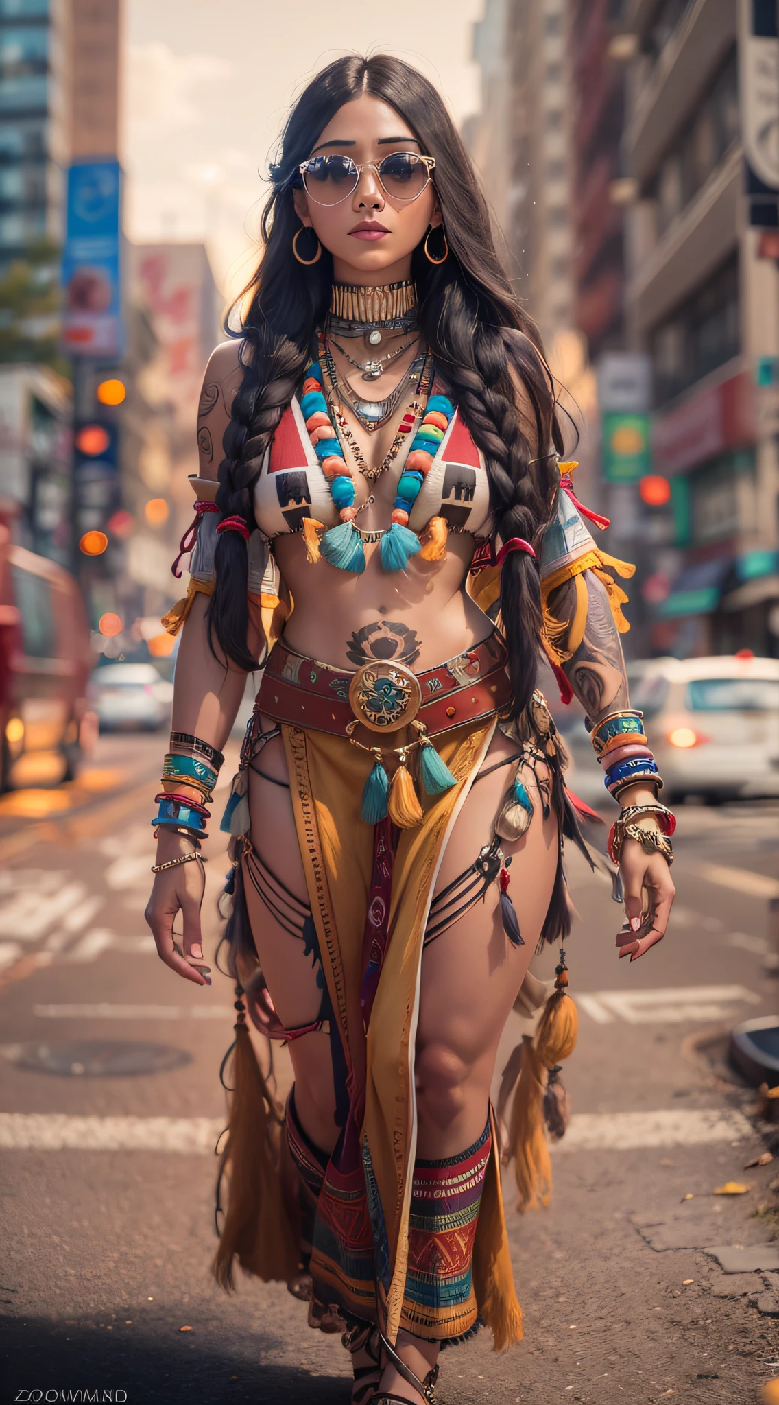 A very realistic and highly detailed portrait of a beautiful Native American woman wearing sunglasses in the future New York City , full-body , ((Zendaya is a Native American woman)) , Indigenous dress  , long  hair, Hand and body tattoos, Fashion pose, Beautiful hazel eyes symmetrical detailed, detailed gorgeous face, Advanced Indigenous Environment , Integration of civilization populations with the technology of the future , outstanding detail, 30 MP, 4k, كاميرا كانون EOS 5D Mark IV الرقمية SLR, 85mm lens, sharp focus, intricately detailed, Long exposure time, f/8, ISO 100, shutter speed 1/125, Diffused backlight, ((award winning photograph)) , facing camera, looking into the camera, Monovision, Perfect contrast, high sharpness, facial symmetry, Depth-of-field, ultra-detailed photography, Raitsar, global illumination, Tanvertamim, downy, Ultra-High Definition, 8k, unreal engine 5, Ultra-sharp focus, award-winning photograph, trending on Artstation