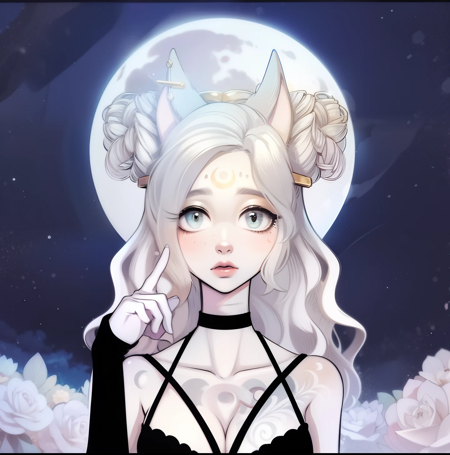 (Anthropomorphic wolf cute cub) orelhas de lobo,com jaqueta preta, um olho azul e outro branco , heterocromia nos olhos ,cabelo platinado cacheados com pontas roxas,bad girl, Moon birthmark on forehead 🌕🌙, Hibrido,jovem, retrato, busto, postura de frente para a camera, Cartoon, vestido como uma vesater roqueira metaleira dos anos 80 obra prima, postura de confiante, youtuber, fleshy lips , piercings no nariz e nas orelhas de lobo, tatuagens pelo corpo, tattoo de lua 🌙 acima dos seios,asas de anjo negro nas costas, and dark purple necklace on neck, Hand with drag glove
