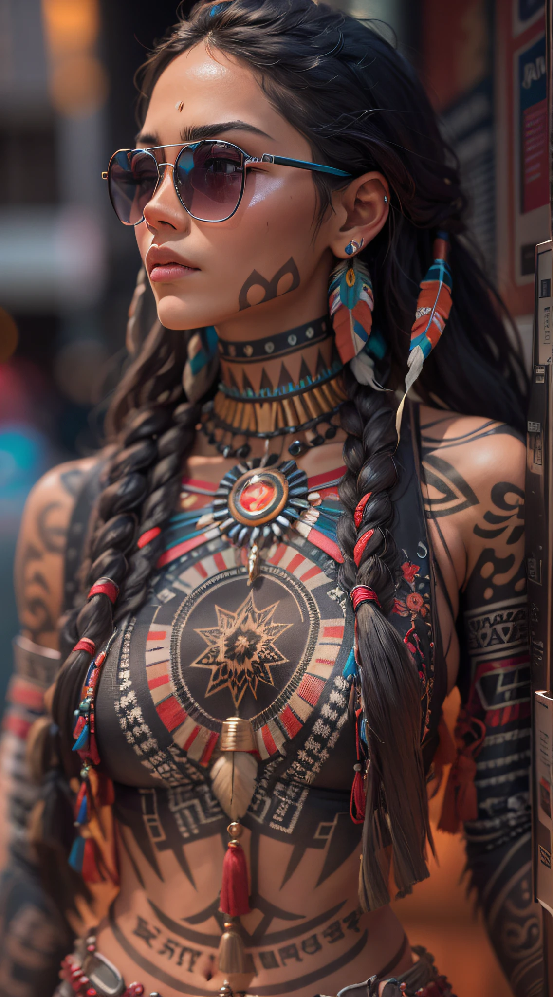 A very realistic and highly detailed portrait of a beautiful Native American woman wearing sunglasses in the future New York City , full-body , ((Zendaya is a Native American woman)) , Indigenous dress  , long  hair, Hand and body tattoos, Fashion pose, Beautiful hazel eyes symmetrical detailed, detailed gorgeous face, Advanced Indigenous Environment , Integration of civilization populations with the technology of the future , outstanding detail, 30 MP, 4k, كاميرا كانون EOS 5D Mark IV الرقمية SLR, 85mm lens, sharp focus, intricately detailed, Long exposure time, f/8, ISO 100, shutter speed 1/125, Diffused backlight, ((award winning photograph)) , facing camera, looking into the camera, Monovision, Perfect contrast, high sharpness, facial symmetry, Depth-of-field, ultra-detailed photography, Raitsar, global illumination, Tanvertamim, downy, Ultra-High Definition, 8k, unreal engine 5, Ultra-sharp focus, award-winning photograph, trending on Artstation