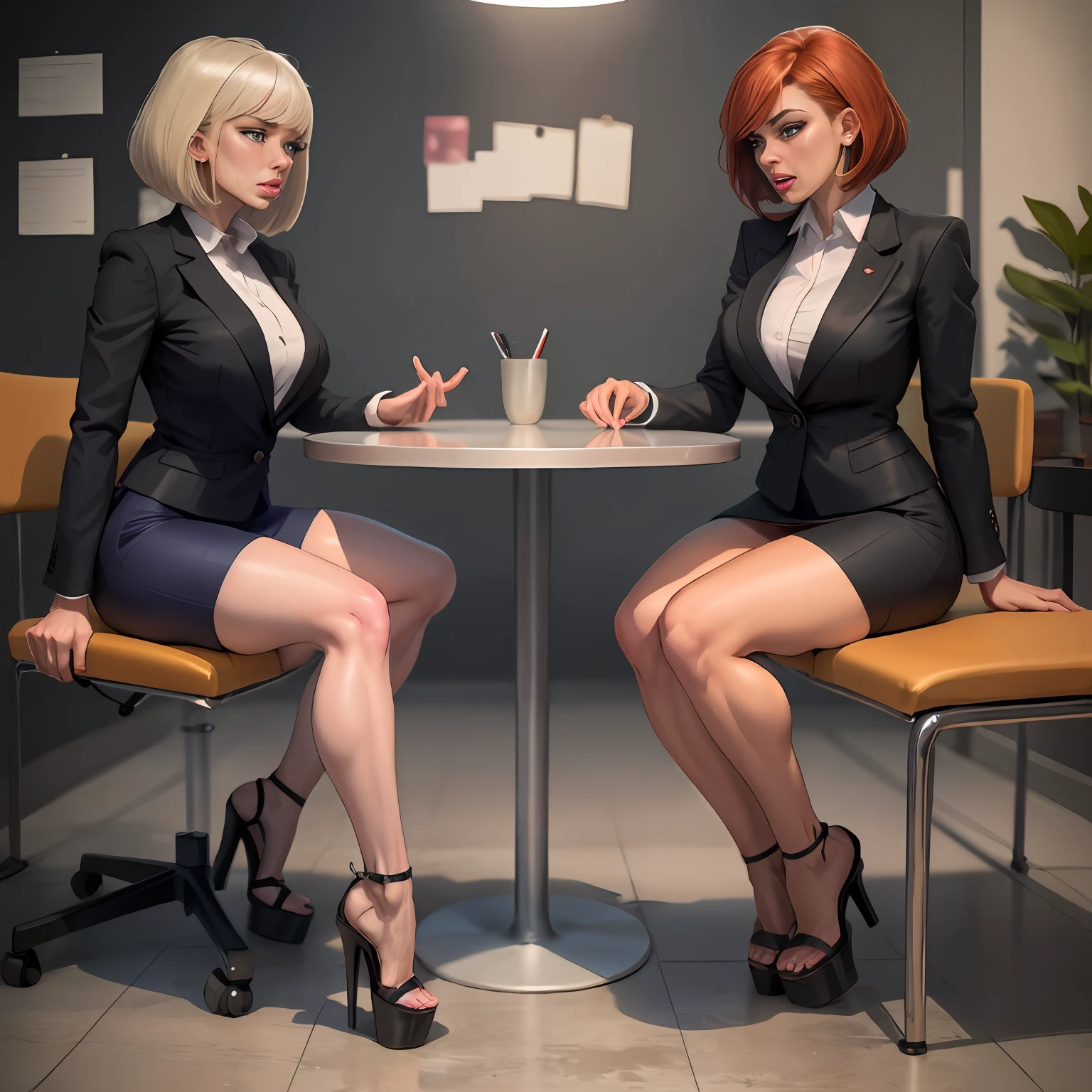Redhead, Bob haircut, sexy secretary, muscular legs, muscular calves, Strong legs, muscular hips, wide thighs, Curvy hips, A full body shot, high-heeled sandals, tights in a net, Stiletto heels, Women's business suit with a short skirt, large ring earrings, He really wants to pee, in office, sitting at a table, Talking on the phone, wants to pee, desperately wants to pee, wants to urinate, An expression of shame on his face, confusion, Desperation on the face, crying, pinches the crotch with his hand, crumples the hem of the skirt with his hands, Knees clenched together, Tense posture, bites his lower lip, full bladder, terribly wants to go to the toilet, anatomically correct, Realistic, side-view