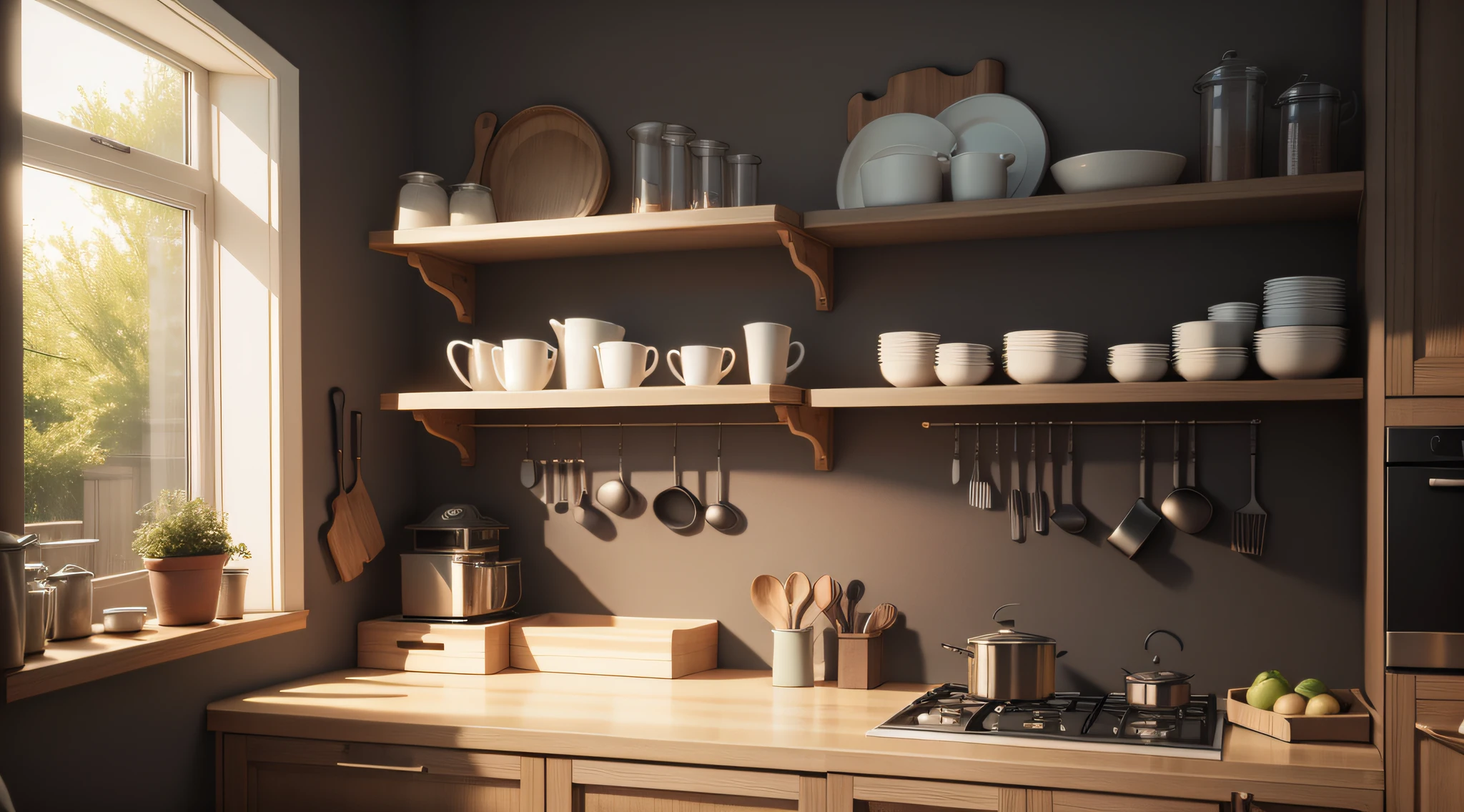 Simple kitchen with several shelves to place dishes and glasses,Octane renderizar 3D,detalhe 3D,Full HD,8K
