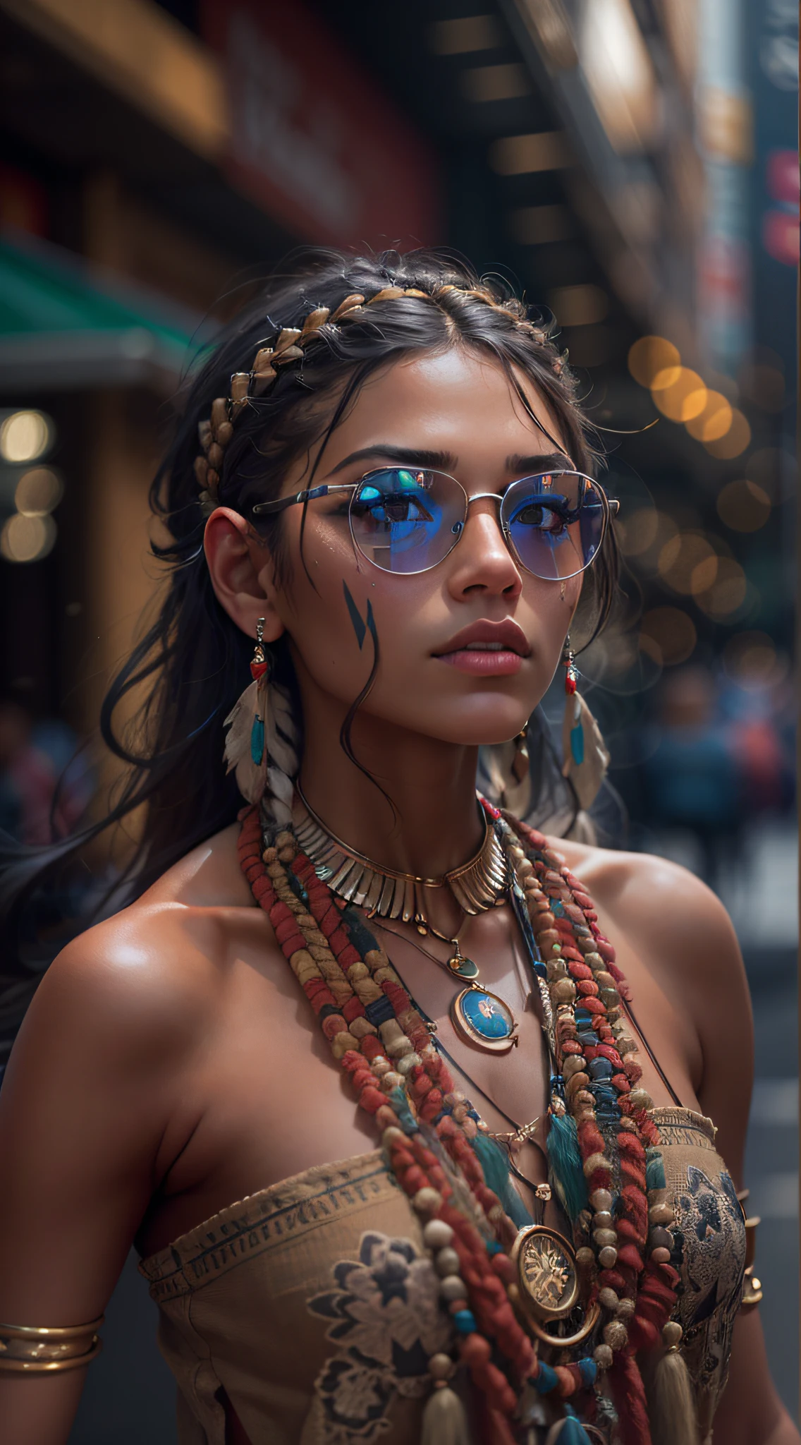 A very realistic and highly detailed portrait of a beautiful Native American woman wearing sunglasses in the future New York City , full-body , ((Zendaya is a Native American woman)) , Indigenous dress  , long  hair, Hand and body tattoos, Fashion pose, Beautiful hazel eyes symmetrical detailed, detailed gorgeous face, Advanced Indigenous Environment , Integration of civilization populations with the technology of the future , outstanding detail, 30 MP, 4k, كاميرا كانون EOS 5D Mark IV الرقمية SLR, 85mm lens, sharp focus, intricately detailed, Long exposure time, f/8, ISO 100, shutter speed 1/125, Diffused backlight, ((award winning photograph)) , facing camera, looking into the camera, Monovision, Perfect contrast, high sharpness, facial symmetry, Depth-of-field, ultra-detailed photography, Raitsar, global illumination, Tanvertamim, downy, Ultra-High Definition, 8k, unreal engine 5, Ultra-sharp focus, award-winning photograph, trending on Artstation