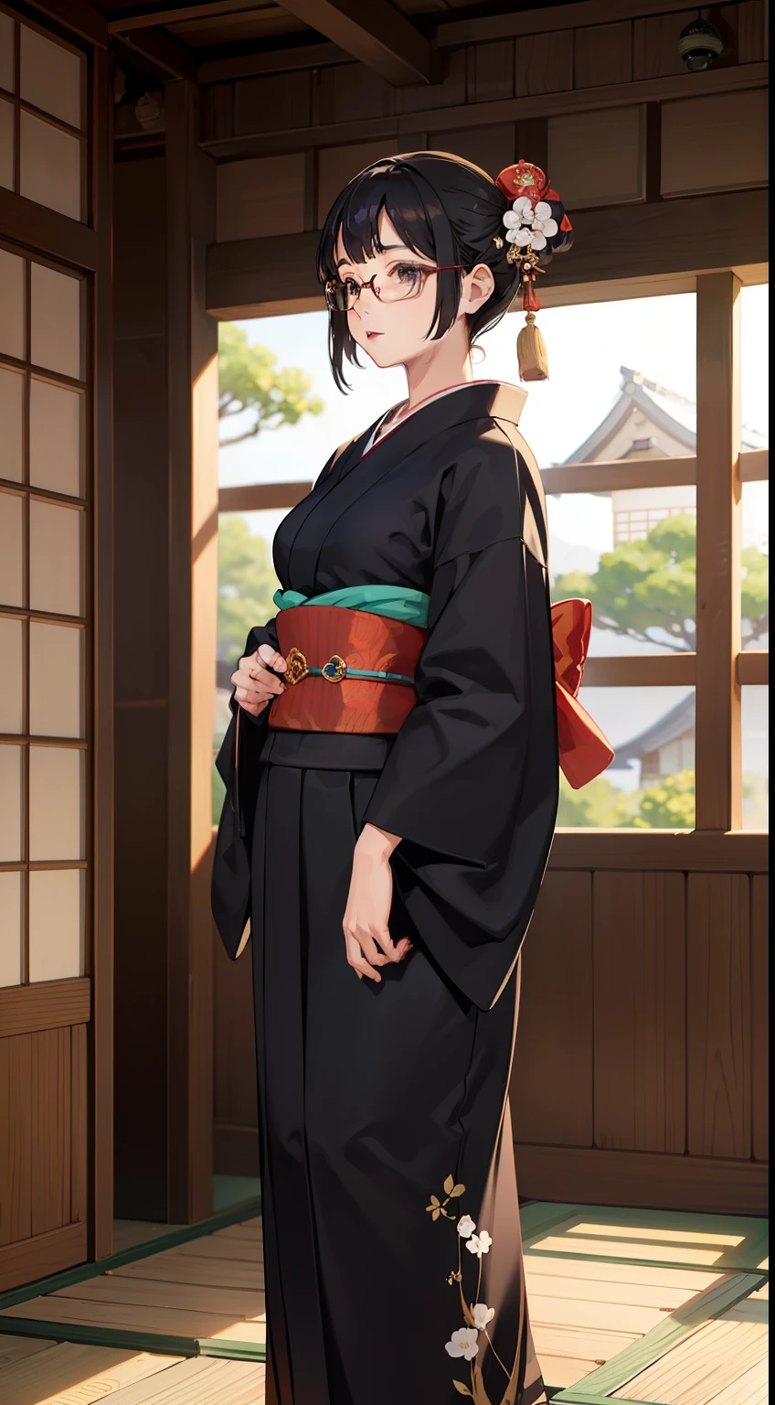 1girl, beautiful girl, wearing eyeglasses, brown skin, small mole on her right cheek, full body, Body Length 150 cm, 20 years old, brown skin girl, .(short black hair, Street hairstyle) , (black eyes), realistic eyes, beautiful and big eyes), kimono dress, kimono clothes, Small breasts, (8k wallpaper), (Traditional Japanese house wallpaper) 8k, high quilty, realistic, beautiful realistic, Cool details, raw photo, realistic clothing, short hair, black hair, realistic hair, Light and cool lighting, photo realistic, Cel shaded, Gel lighting, ultra details