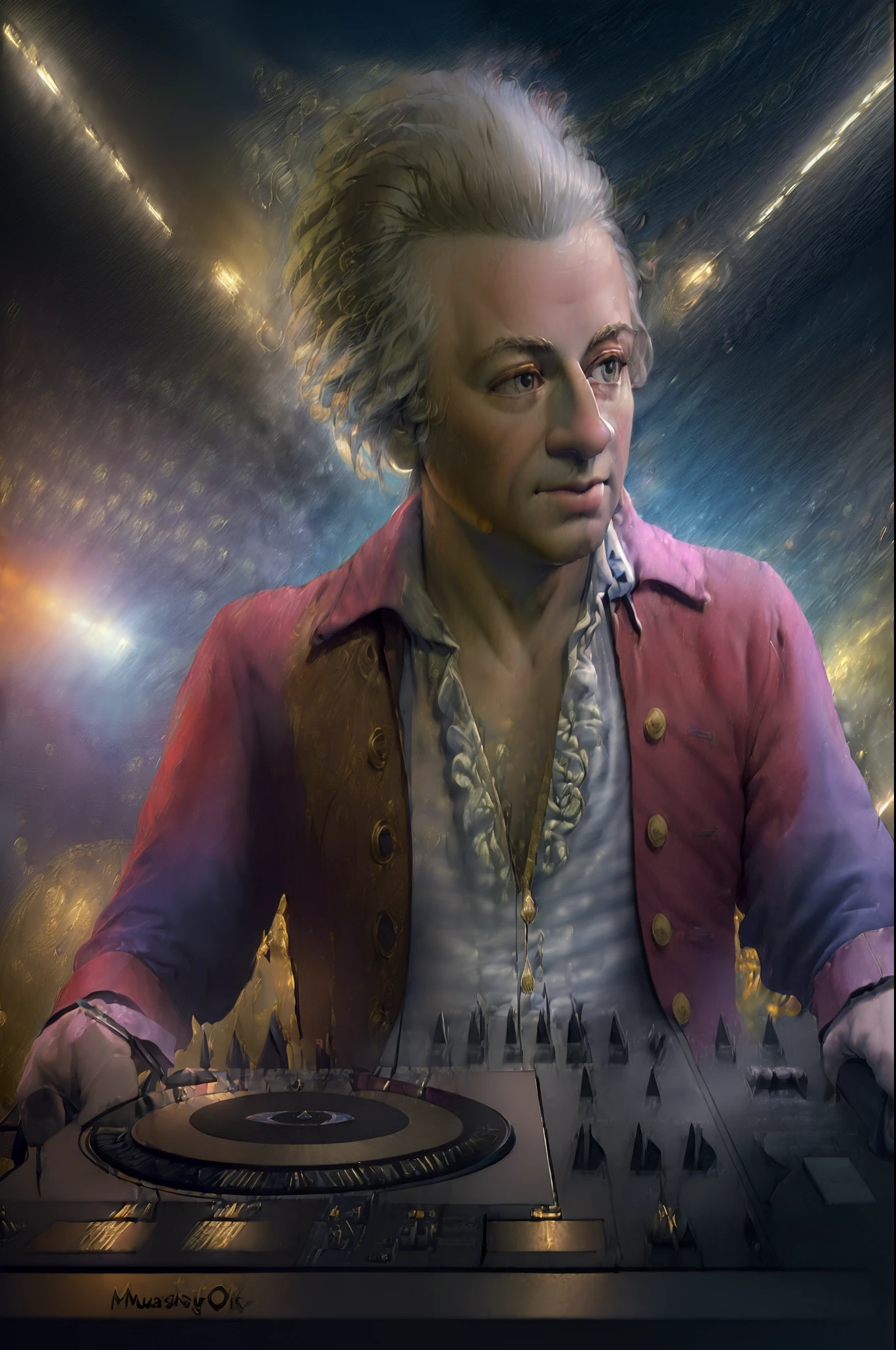 ((((masterpiece, best quality, high resolution)))), Extremely detailed, 8K, (ultra detailed) wallpaper, ultra wide shot, photorealism, a amadeus man, Wolfgang Amadeus Mozart being DJ in a wide music hall, wearing a shirt labeled "Mozart Rock", bright lights in differnt colors, light particles