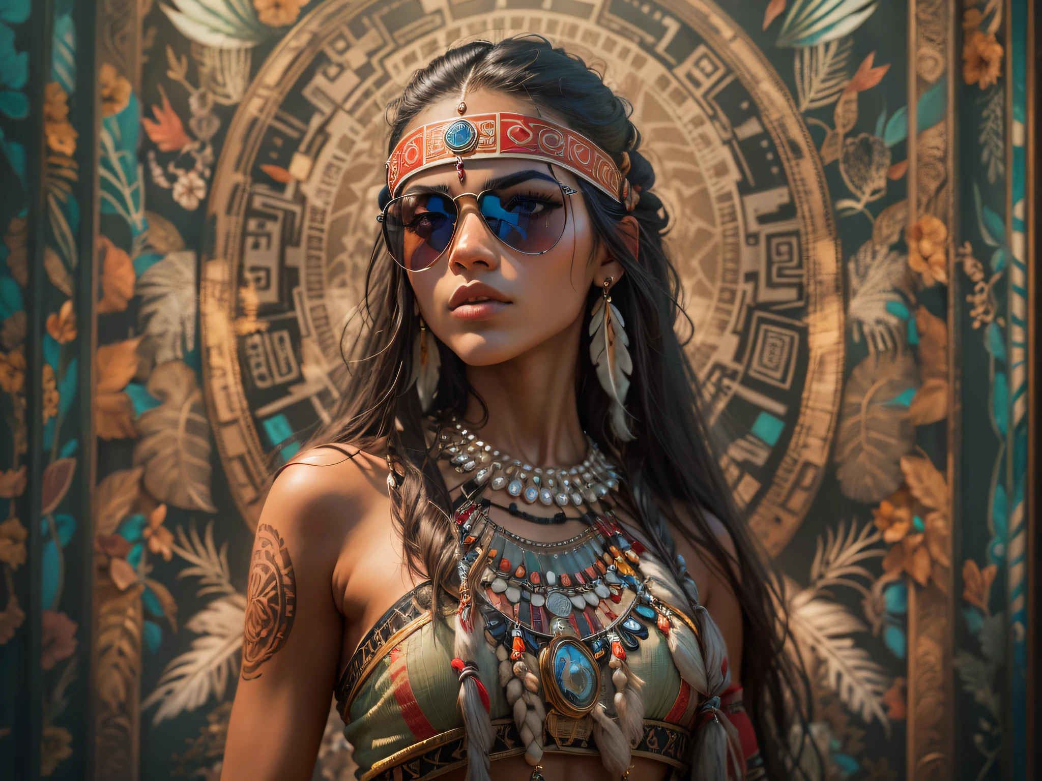 A very realistic and very detailed portrait of a beautiful Native American woman wearing sunglasses in the future New York City , ((full-body:1.2)) , ((Zendaya is a Native American woman)) , Aboriginal dress  , long  hair, Hand and body tattoos, Fashion pose, Beautiful hazel eyes symmetrical detailed, detailed gorgeous face, Developed Indigenous Environment , Integration of the inhabitants of civilization with the technology of the future , Symbols expressing this civilization in the background , outstanding detail, 30 MP, 4k, كاميرا كانون EOS 5D Mark IV الرقمية SLR, 85mm lens, sharp focus, intricately detailed, Long exposure time, f/8, ISO 100, shutter speed 1/125, Diffused backlight, ((award winning photograph)) , facing camera, looking into the camera, Monovision, Perfect contrast, high sharpness, facial symmetry, Depth-of-field, ultra-detailed photography, Raitsar, global illumination, Tanvertamim, downy, Ultra-High Definition, 8k, unreal engine 5, Ultra-sharp focus, award-winning photograph, trending on Artstation