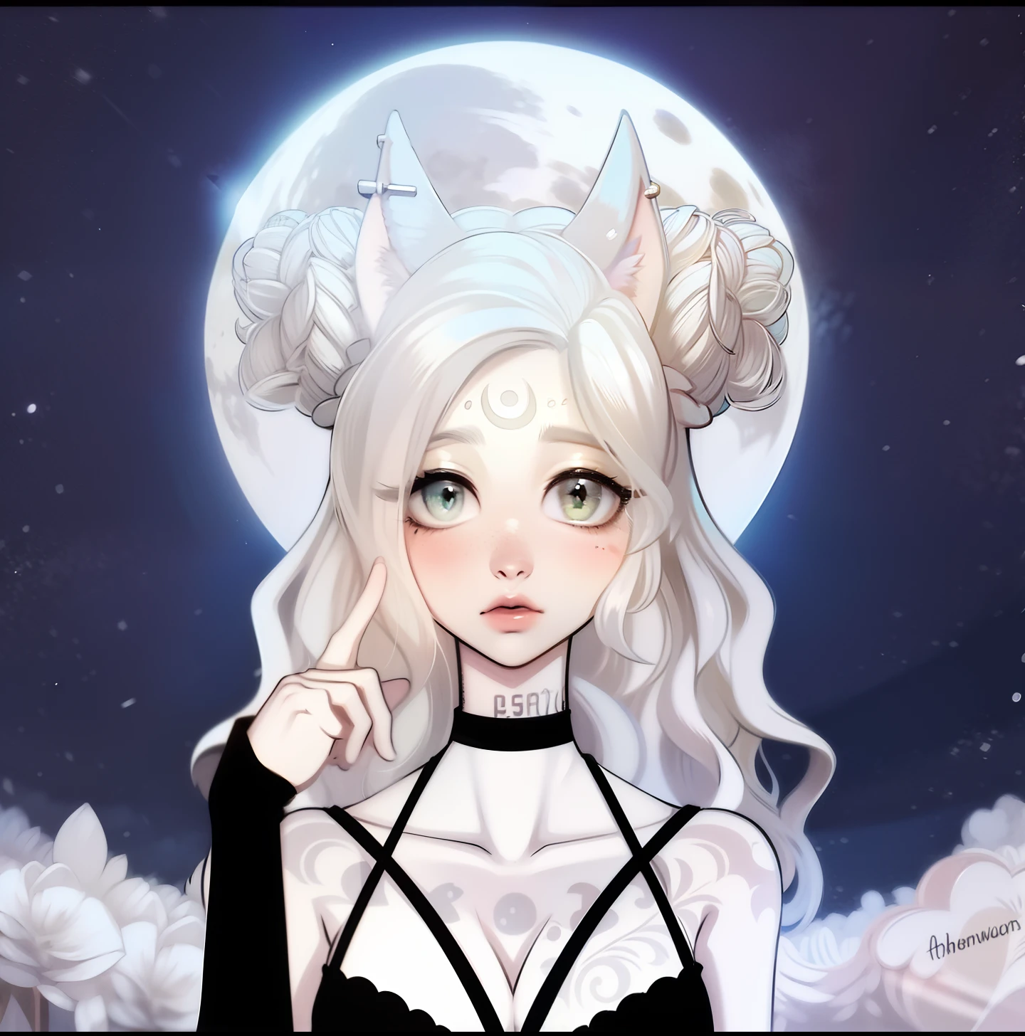 (Anthropomorphic wolf cute cub) orelhas de lobo,com jaqueta preta, um olho azul e outro branco , heterocromia nos olhos ,cabelo platinado cacheados com pontas roxas,bad girl, Moon birthmark on forehead 🌕🌙, Hibrido,jovem, retrato, busto, postura de frente para a camera, Cartoon, vestido como  uma vesater roqueira metaleira dos anos 80 obra prima, postura de confiante, youtuber, fleshy lips , piercings no nariz e nas orelhas de lobo, tatuagens pelo corpo, tattoo de lua 🌙 acima dos seios,asas de anjo negro nas costas, and dark purple necklace on neck, Hand with drag glove