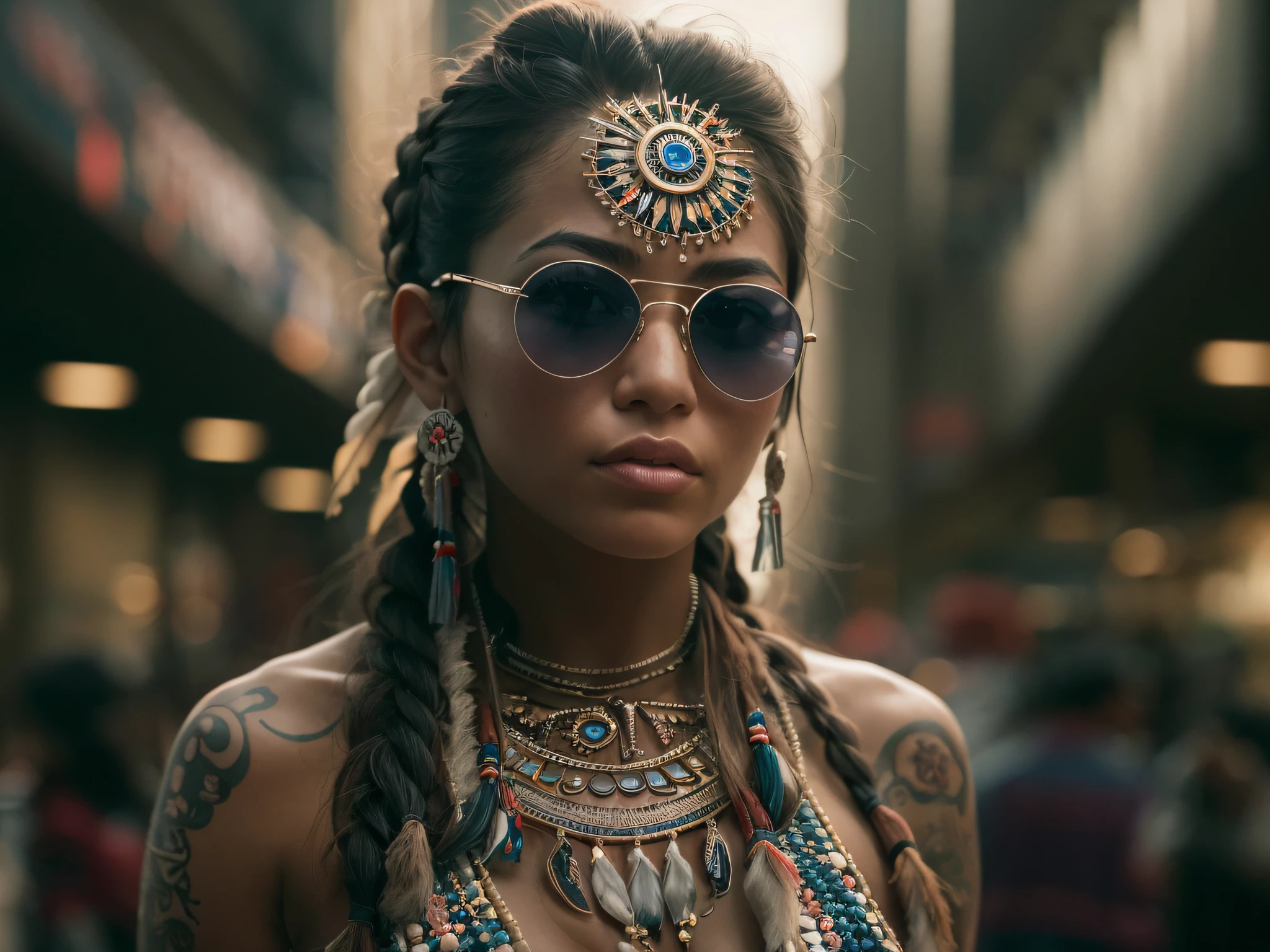 A very realistic and very detailed portrait of a beautiful Native American woman wearing sunglasses in the future New York City , ((full-body:1.2)) , ((Zendaya is a Native American woman)) , Aboriginal dress , long hair, Hand and body tattoos, Fashion pose, Beautiful hazel eyes symmetrical detailed, detailed gorgeous face, Typical articular object , Developed indigenous environment , Integrating Native American civilization with future technology , Symbols expressing this civilization in the background , outstanding detail, 30 MP, 4k, كاميرا كانون EOS 5D Mark IV الرقمية SLR, 85mm lens, sharp focus, intricately detailed, Long exposure time, f/8, ISO 100, shutter speed 1/125, Diffused backlight, ((award winning photograph)) , facing camera, looking into the camera, Monovision, Perfect contrast, high sharpness, facial symmetry, Depth-of-field, ultra-detailed photography, Raitsar, global illumination, Tanvertamim, downy, Ultra-High Definition, 8k, unreal engine 5, Ultra-sharp focus, award-winning photograph, trending on Artstation