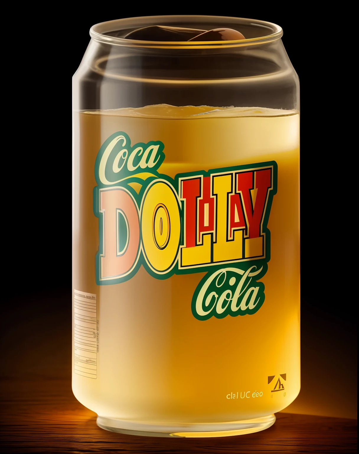 Lata de refrigerante, em cima de uma mesa, copo com gelo ao lado, fotografia de estudio, retroiluminação, fundo escuro infinito, realist, detalhado, uhd