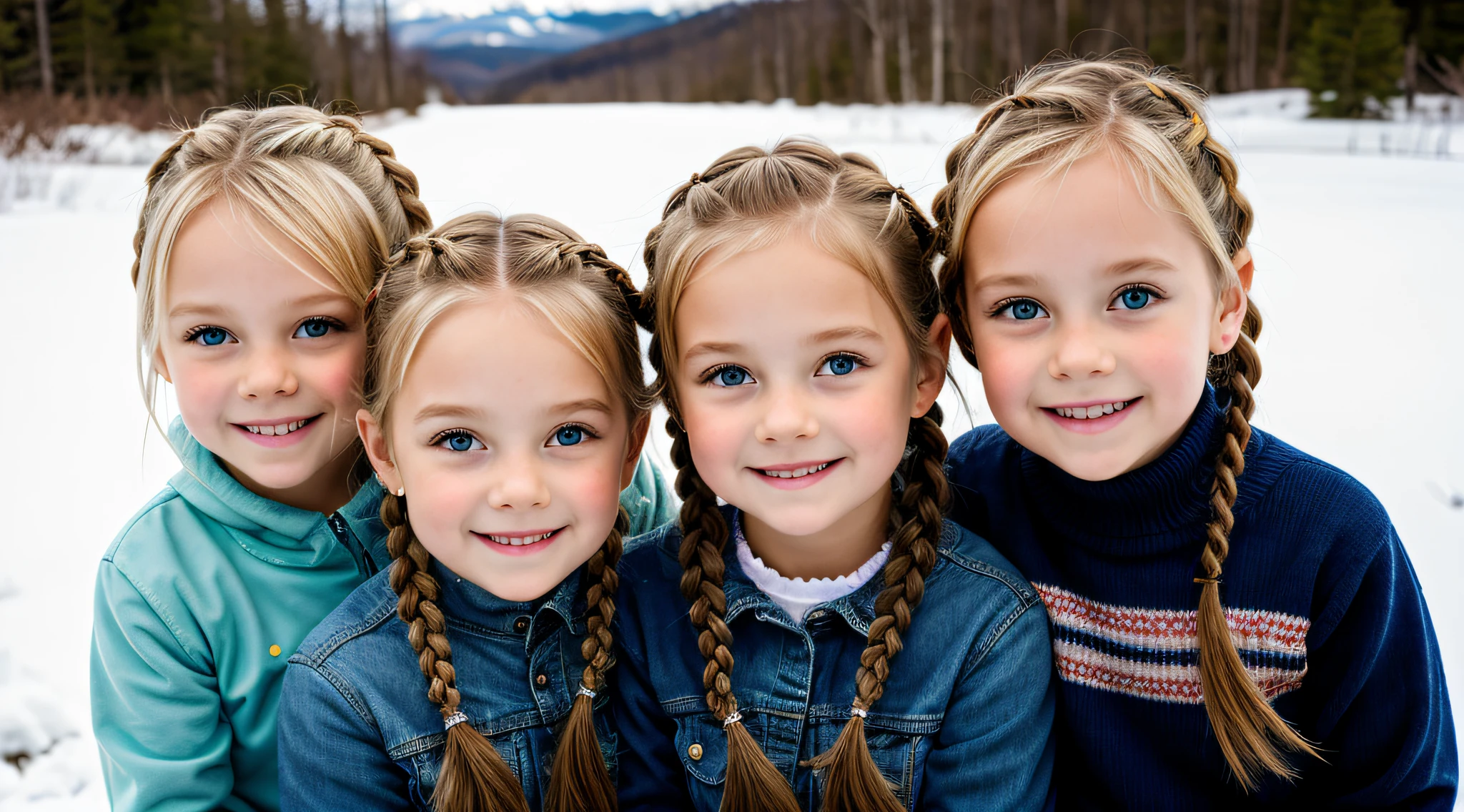 Three children blonde girls in braids with portrait, numa monanha com muita neve e gelo, ice.