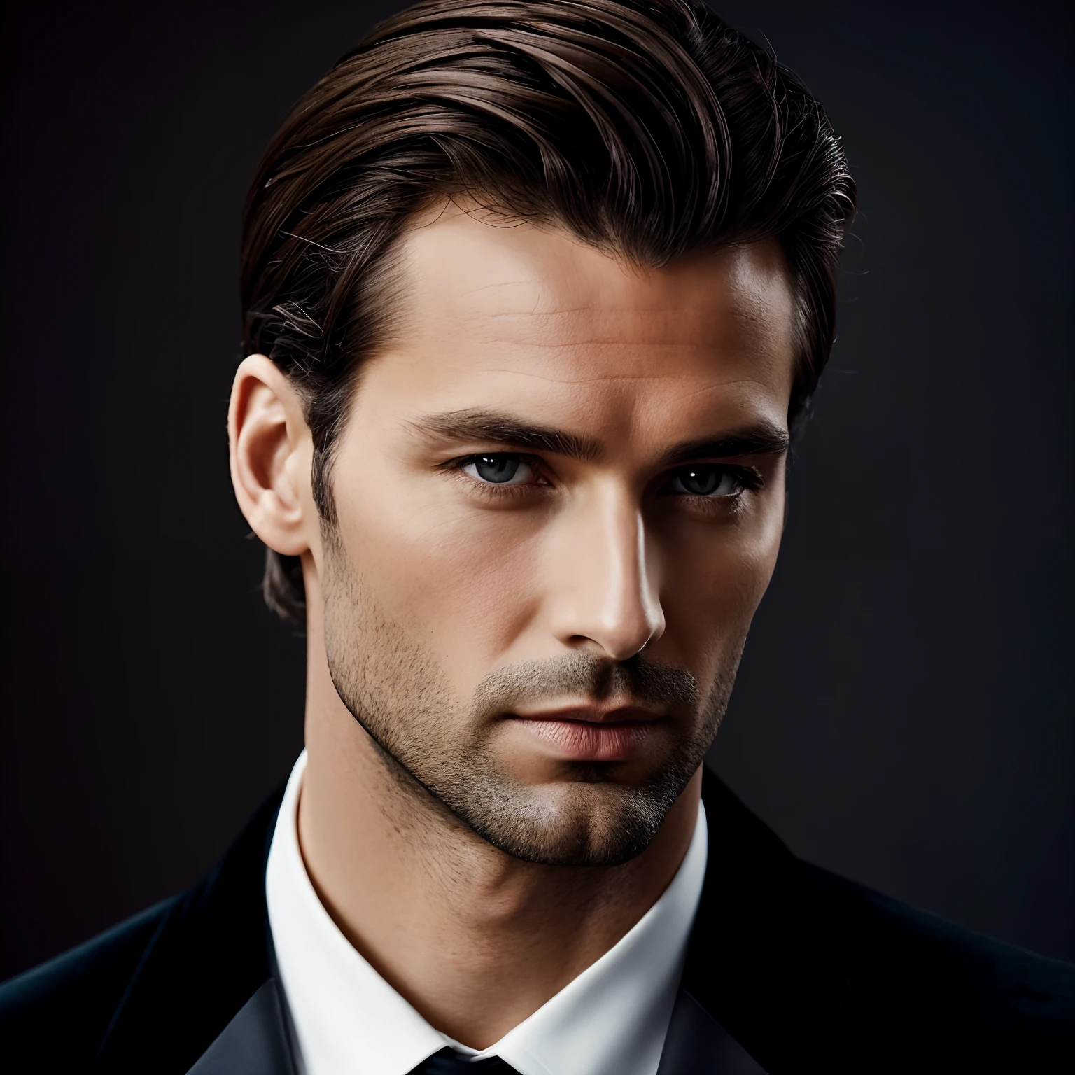 Cinematic, close up, French Supermodel, 35yo, black tight velvet suit, tall man, short brown hair ,beauty. Minimalistic background, clean composition, strong details, Muted Colours, Hasselblad --style raw