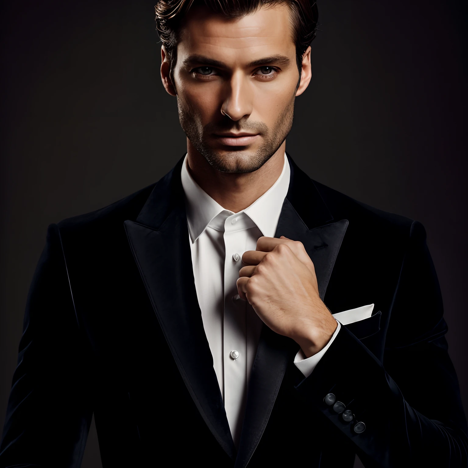 Cinematic, close up, French Supermodel, 35yo, black tight velvet suit, tall man, short brown hair ,beauty. Minimalistic background, clean composition, strong details, Muted Colours, Hasselblad --style raw