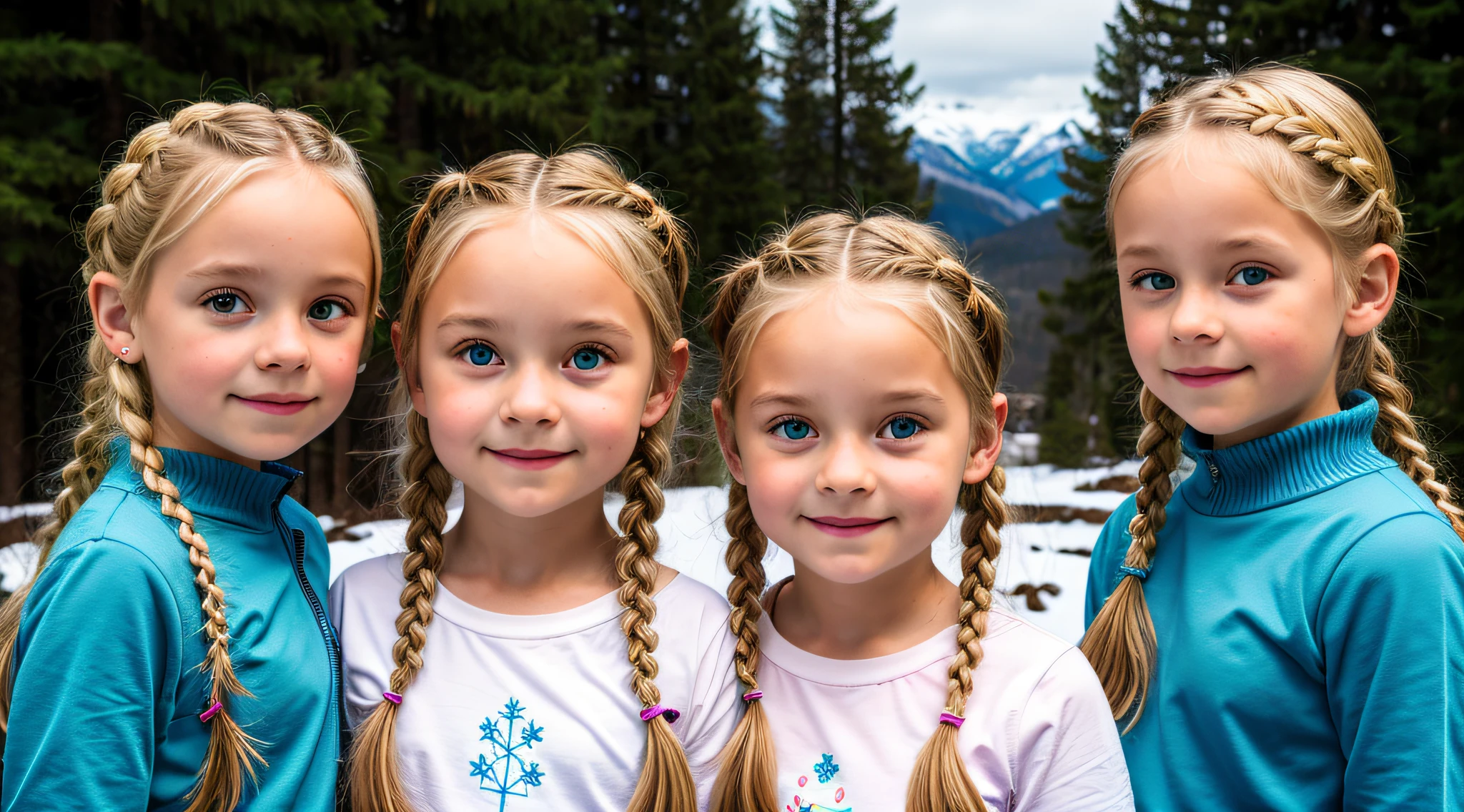 Three blonde girls in braids with portrait, numa monanha com muita neve e gelo, ice.