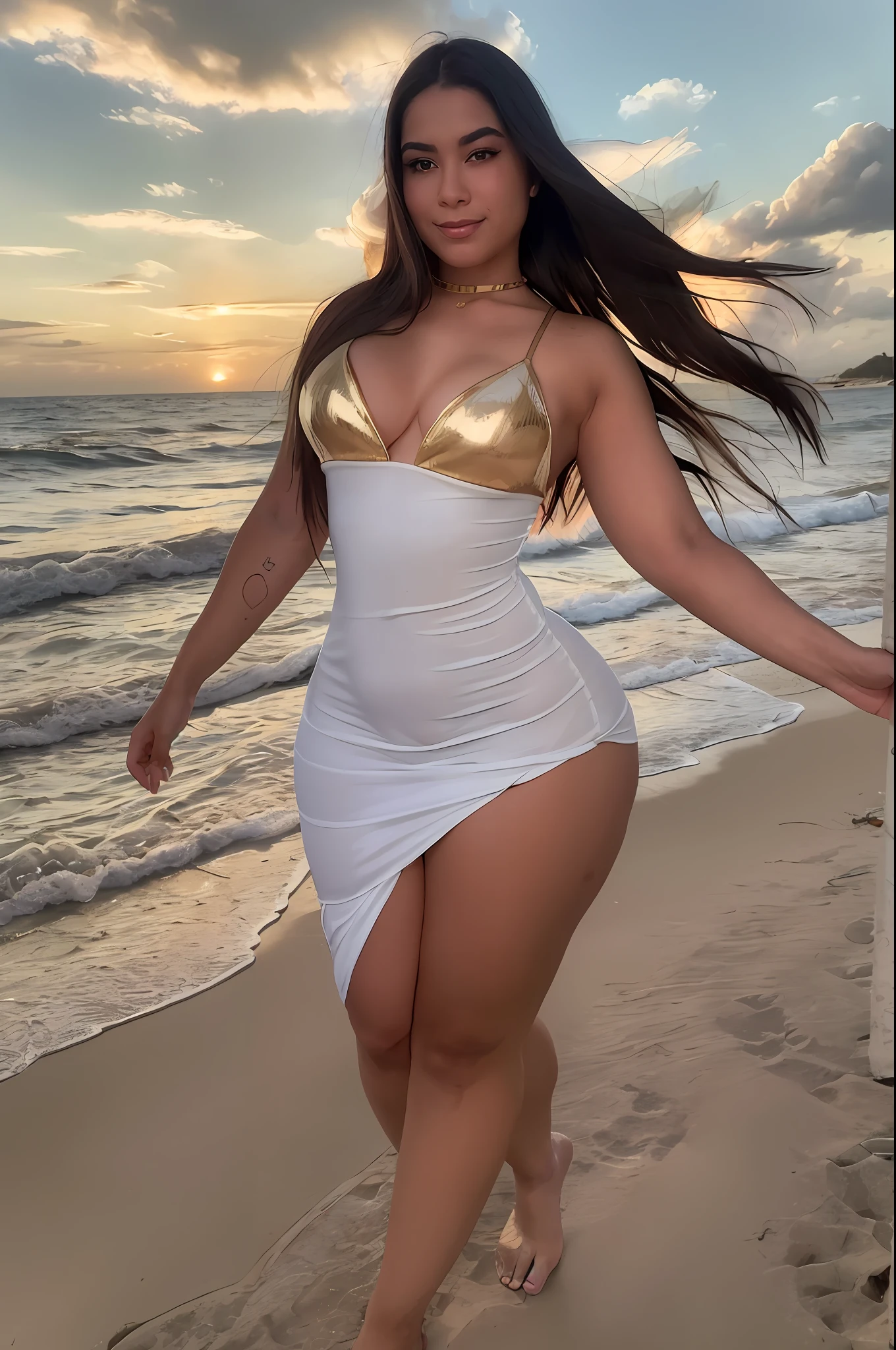 "Uma mulher deslumbrante na praia, with the sunset painting the sky warm tones. She is wearing a flowing white dress and has hair loose in the wind. Golden sand spreads at her feet as she walks on the edge of the sea. The atmosphere is serene and quiet, conveying a sense of peace and freedom." Nsfw
