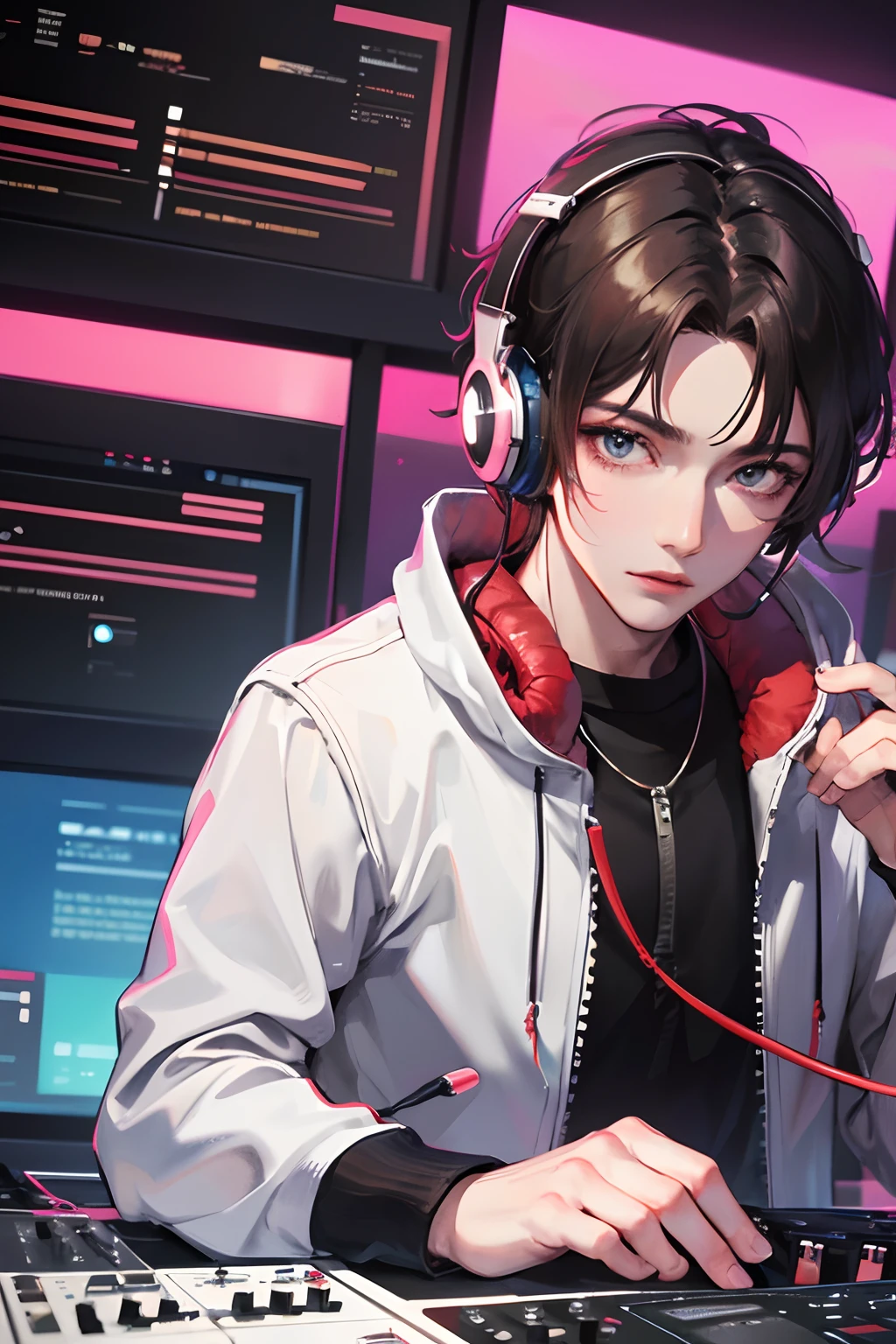 masterpiece, high quality, super detailed, beautiful detailed face. 1man, handsome man, dj, headphone, synthesizer