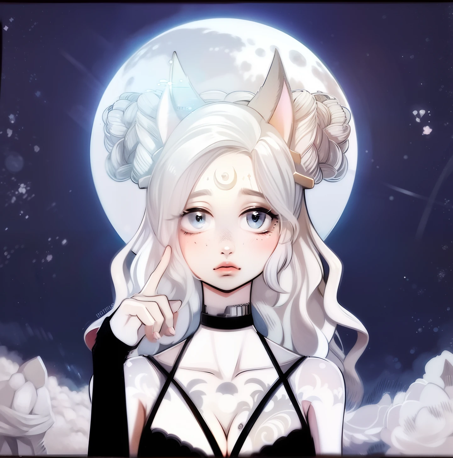 (Anthropomorphic wolf cute cub) orelhas de lobo,com jaqueta preta, um olho azul e outro branco , heterocromia nos olhos ,cabelo platinado cacheados com pontas roxas,bad girl, Moon birthmark on forehead 🌕🌙, Hibrido,jovem, retrato, busto, postura de frente para a camera, Cartoon, vestido como  uma vesater roqueira metaleira dos anos 80 obra prima, postura de confiante, youtuber, fleshy lips , piercings no nariz e nas orelhas de lobo, tatuagens pelo corpo, tattoo de lua 🌙 acima dos seios,asas de anjo negro nas costas, and dark purple necklace on neck, Hand with drag glove