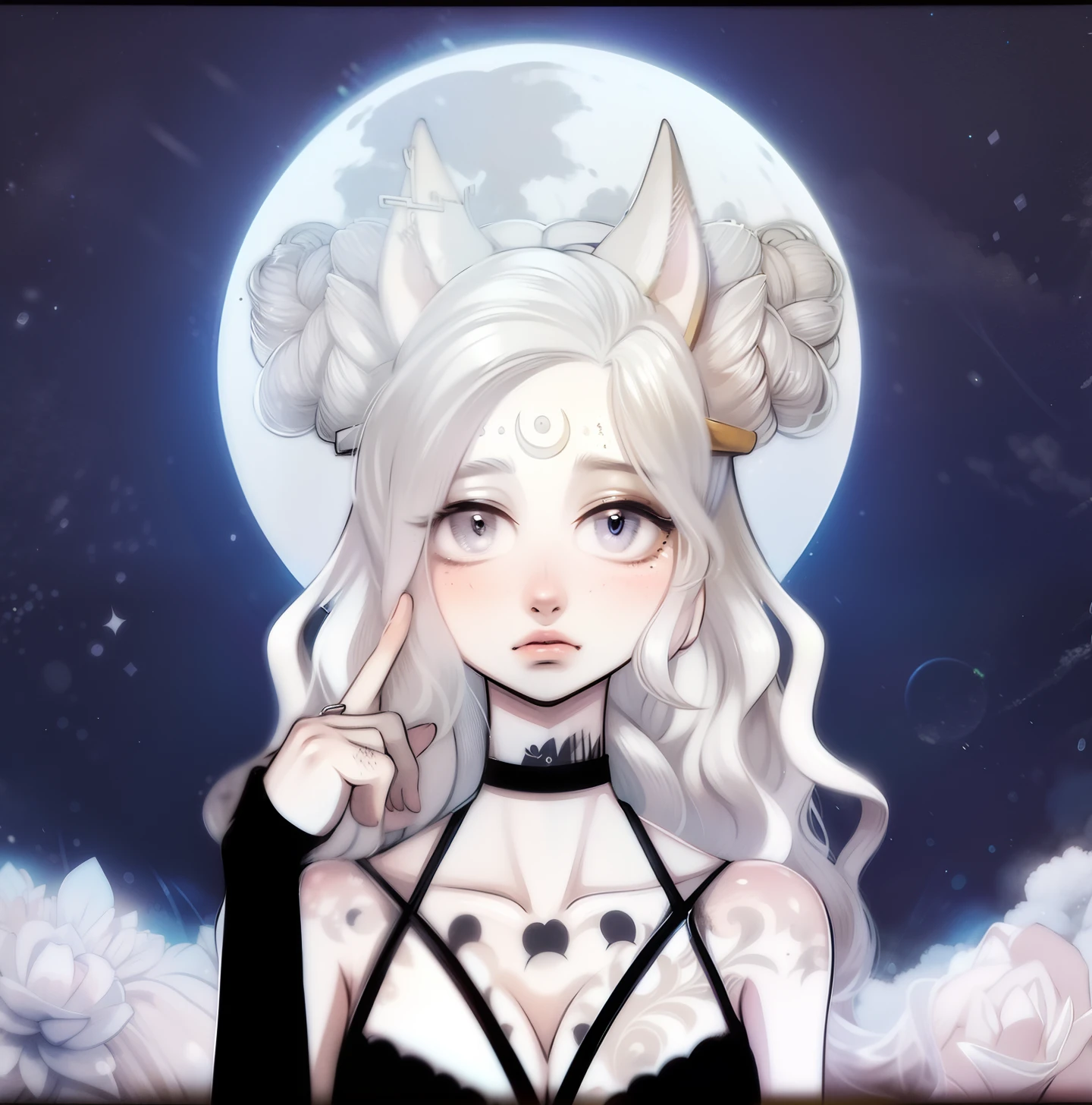 (Anthropomorphic wolf cute cub) orelhas de lobo,com jaqueta preta, um olho azul e outro branco , heterocromia nos olhos ,cabelo platinado cacheados com pontas roxas,bad girl, Moon birthmark on forehead 🌕🌙, Hibrido,jovem, retrato, busto, postura de frente para a camera, Cartoon, vestido como  uma vesater roqueira metaleira dos anos 80 obra prima, postura de confiante, youtuber, fleshy lips , piercings no nariz e nas orelhas de lobo, tatuagens pelo corpo, tattoo de lua 🌙 acima dos seios,asas de anjo negro nas costas, and dark purple necklace on neck, Hand with drag glove