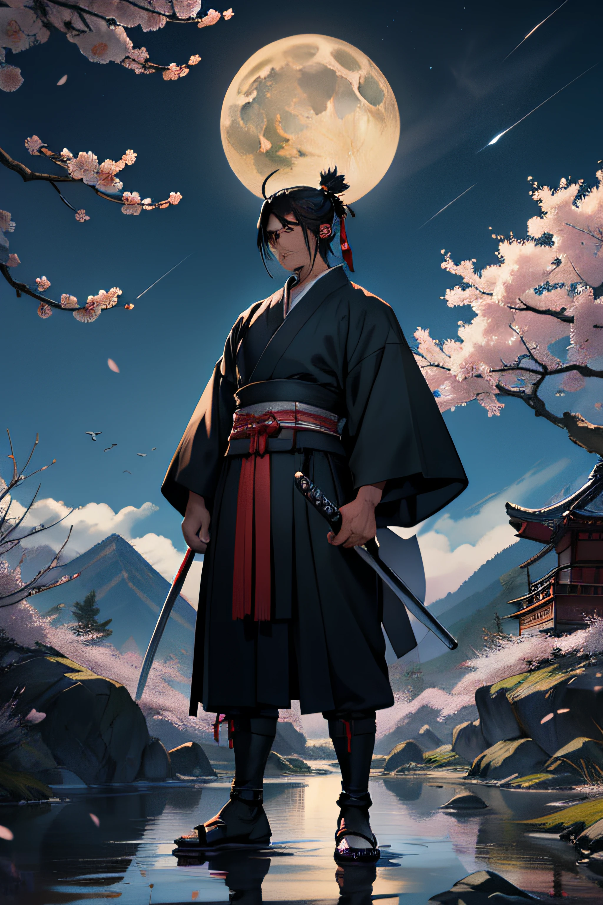 An impressive-looking samurai, vestindo uma armadura tradicional japonesa, is standing in a mystical setting. It is surrounded by cherry blossoms that create a natural arch over it. Ao fundo, There are majestic mountains and a crescent moon in the night sky. The samurai holds a gleaming katana with both hands, with the blade pointed at the ground. His gaze is determined and calm, reflecting his connection to the spirit world and his mastery of martial arts.