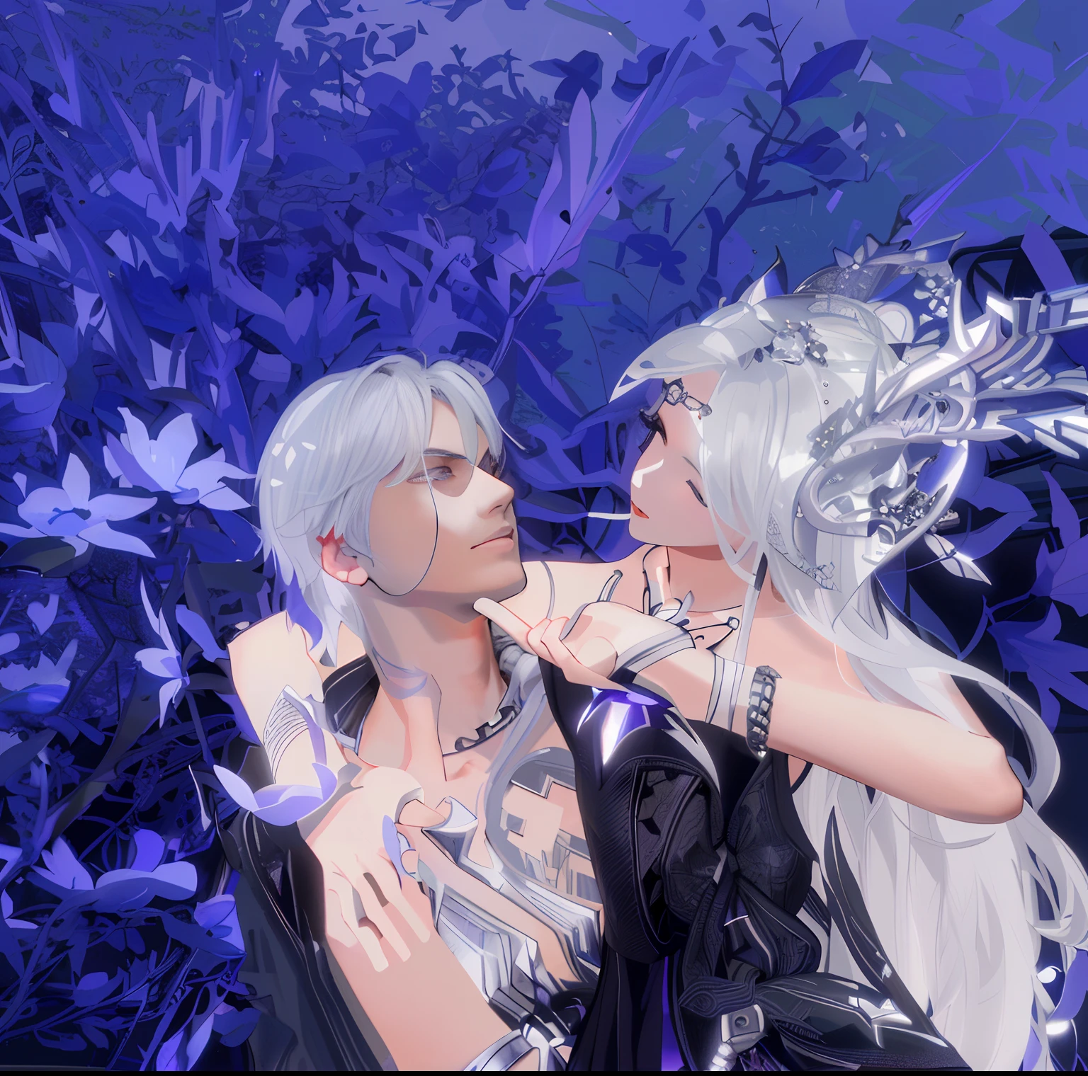 "(nixeu:1.2, sakimichan:1.2, frank franzzeta:1.1, ruanjia, Brom, hidari, fail+silber hair:1.3, Blade, seele:1.1, Being in love, fantasy aesthetic:1.2), Black and white clothes, posed for photo, aion, It has an ethereal effect that blooms, 8k octae render photo。"