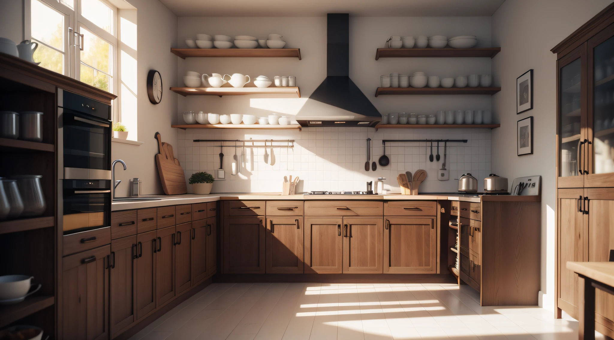 Simple kitchen 1950 X 2000 with several shelves to place dishes and glasses,Octane renderizar 3D,detalhe 3D,Full HD,8k