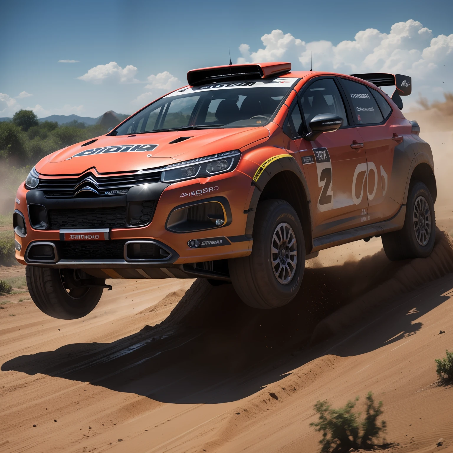 "Citroen Rally configuration, Intense action, adrenalinefilled, Mud splashes, High-speed stimulation, Rally cars fly in the dirt, Powerful engine roar, Precise operation, Dynamic angles, dust cloud, Sharp, A race against time."